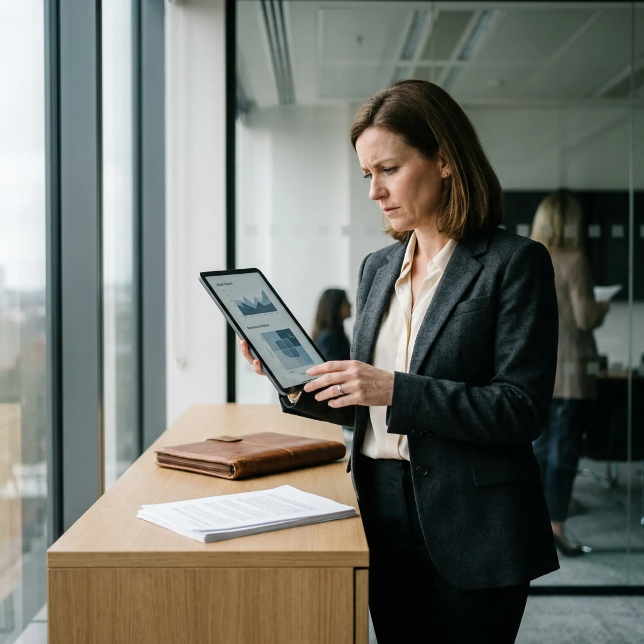 Risk management executive reviewing compliance documentation on a tablet