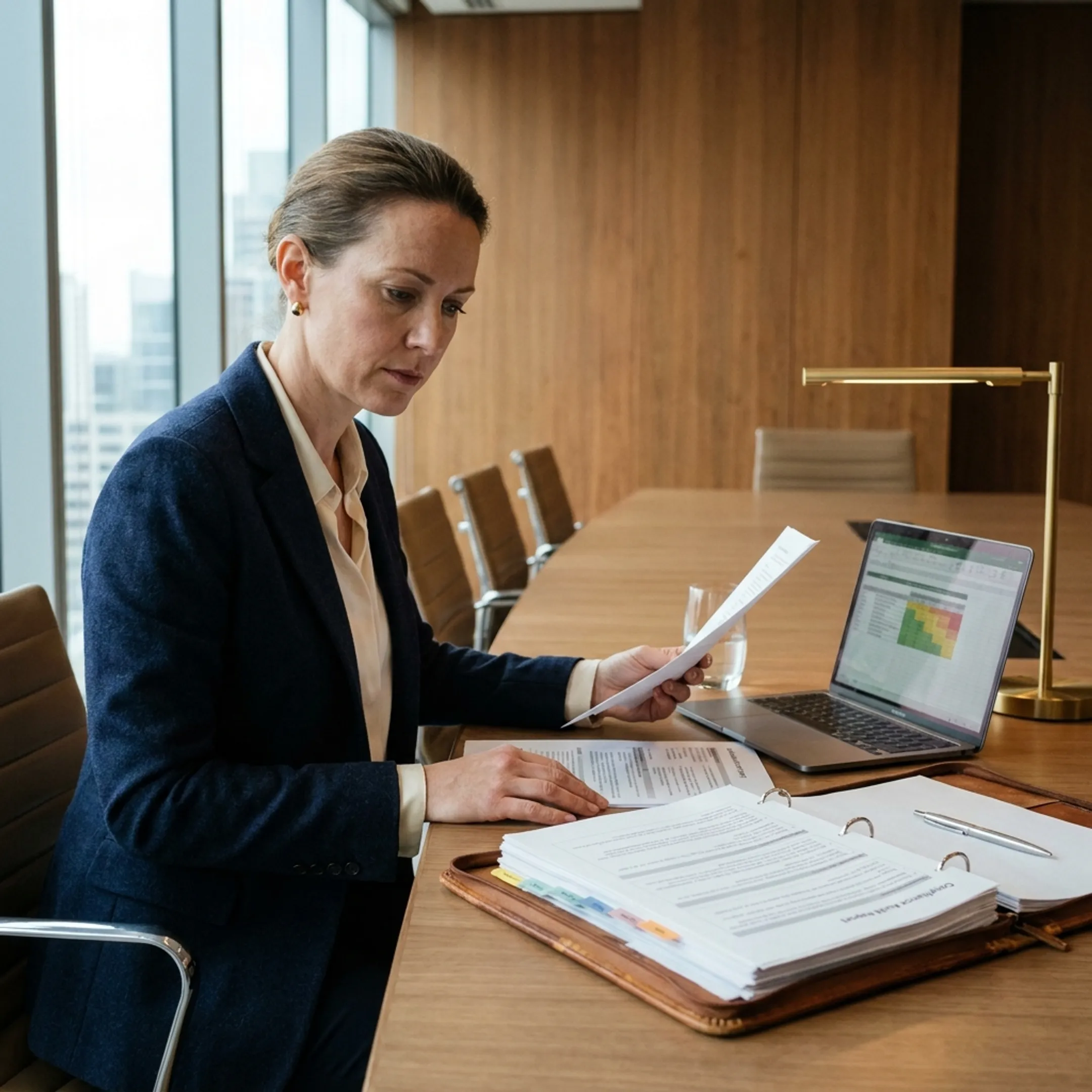 Enterprise risk assessment consultant reviewing compliance documents and risk frameworks