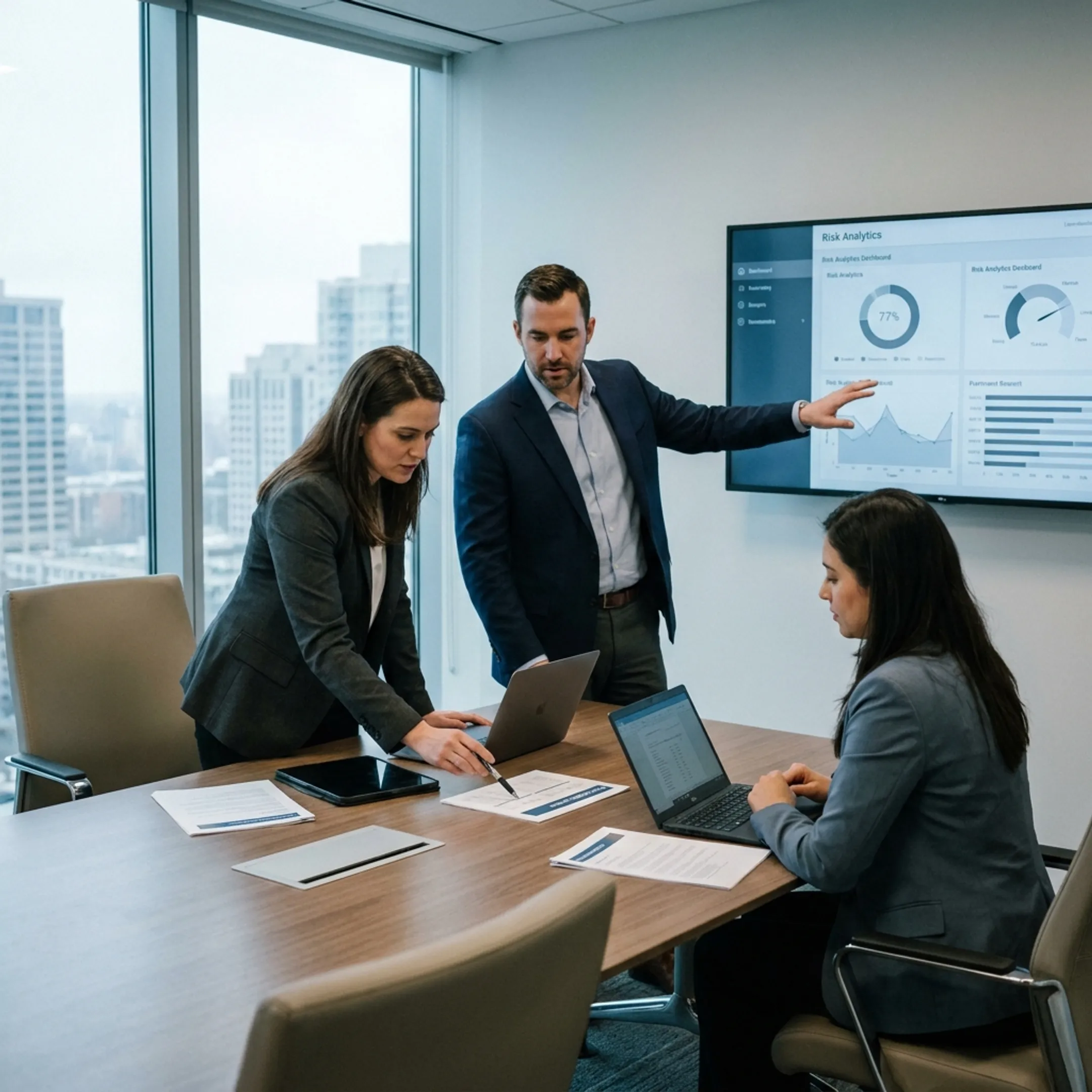Risk assessment consultants analyzing financial models and regulatory risk data in an office