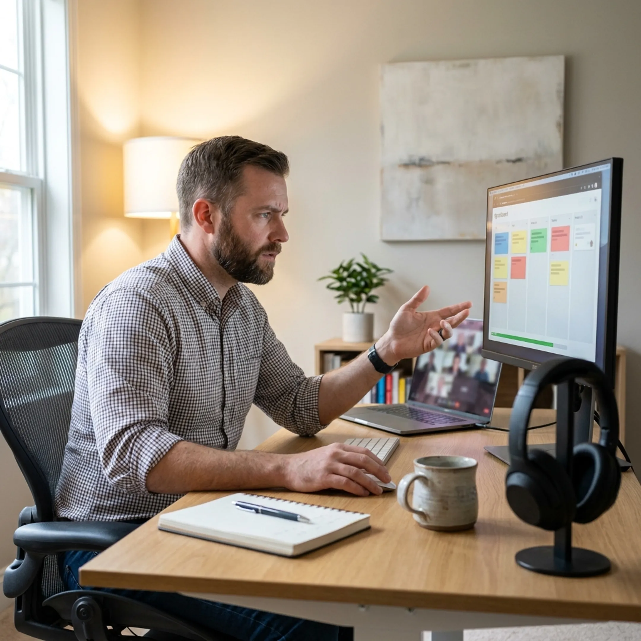 Remote freelance technical project manager coordinating software engineering sprints on laptop