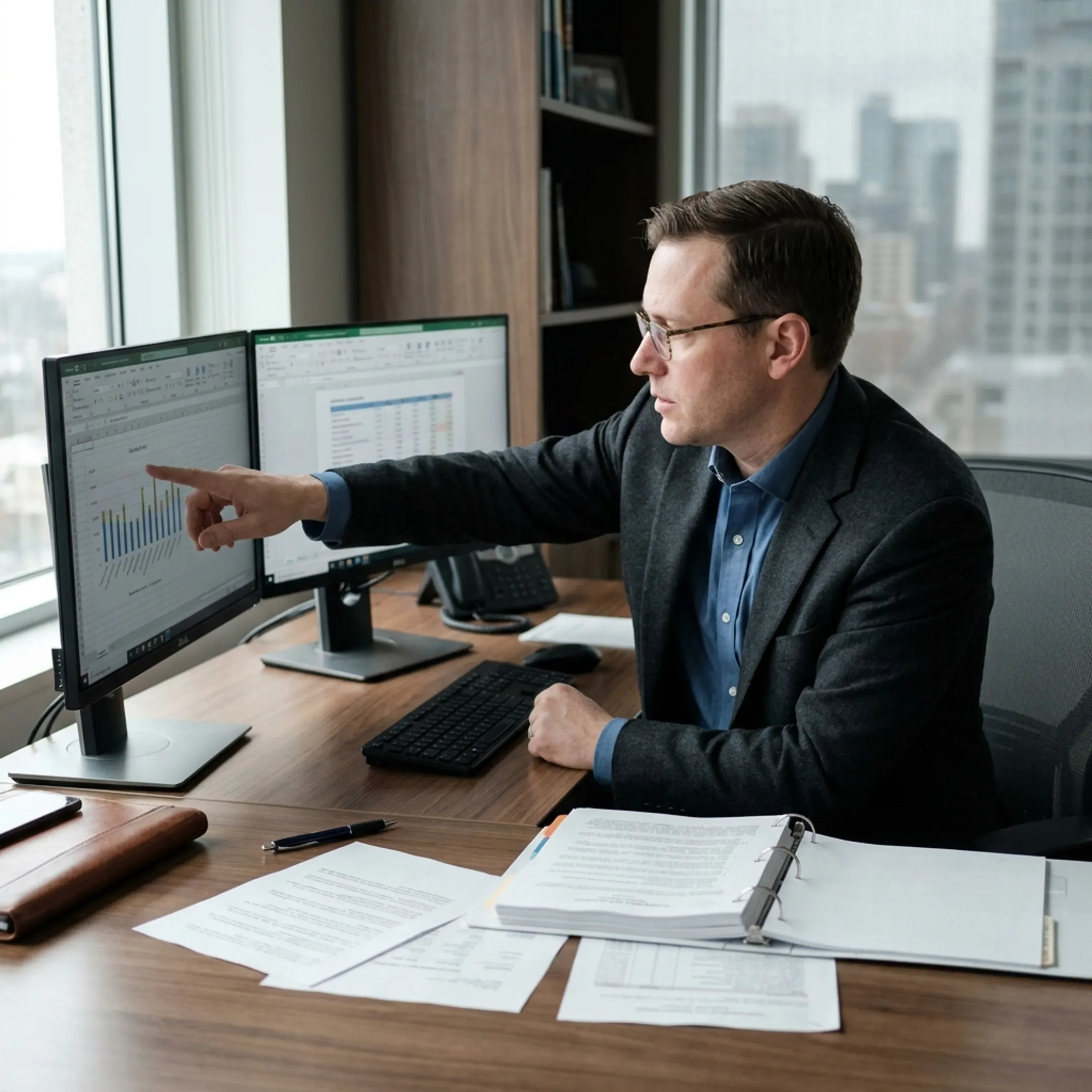Compliance officer reviewing regulatory governance documents on laptop