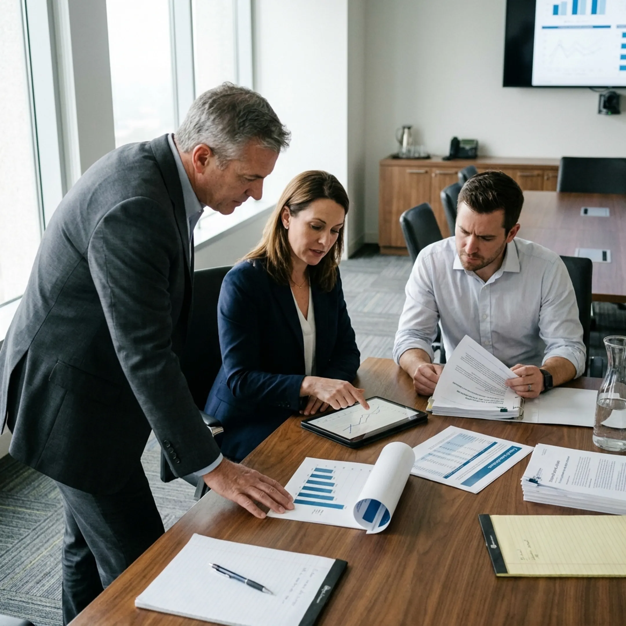 Executive team discussing corporate governance and compliance requirements