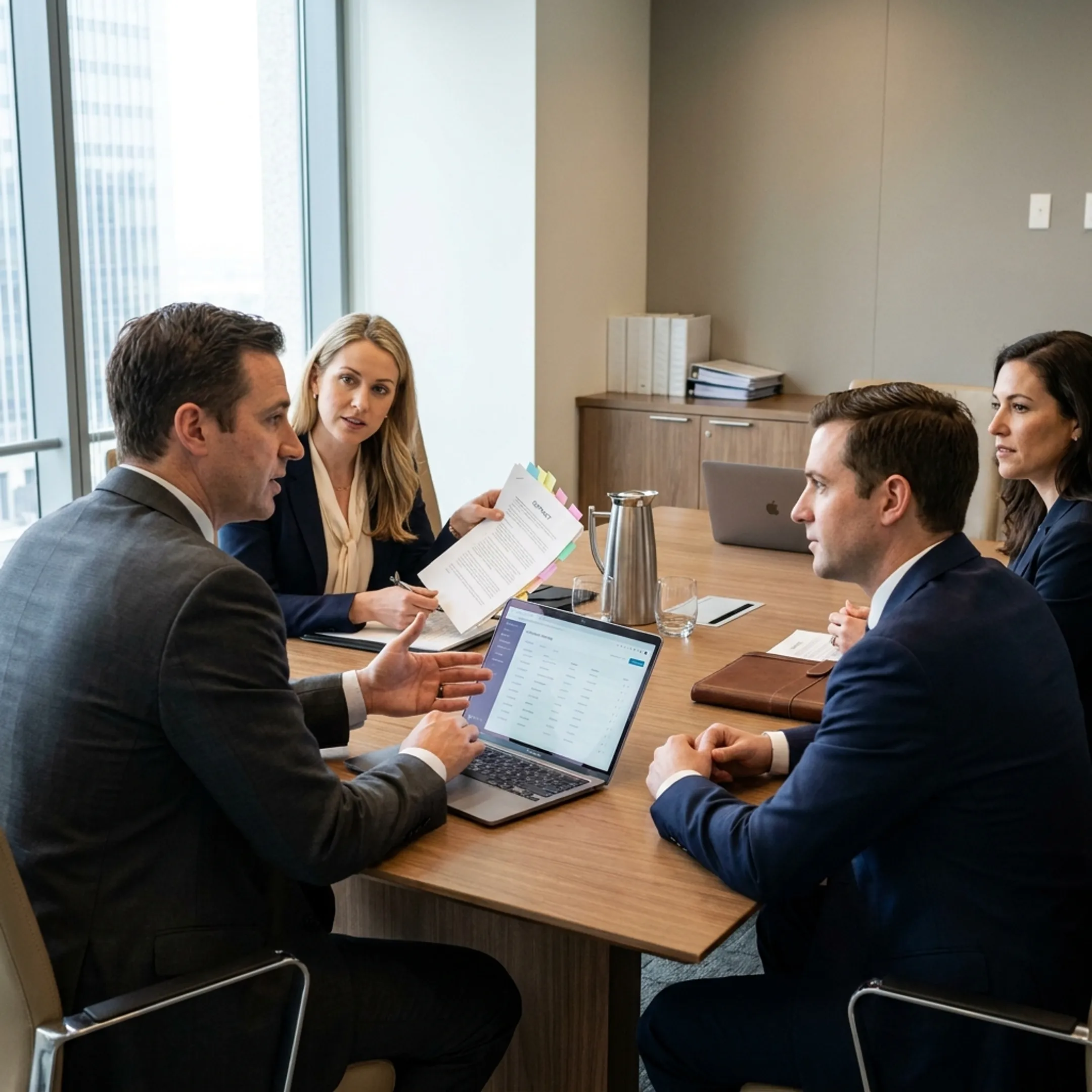 Corporate legal operations team collaborating on legal technology deployment
