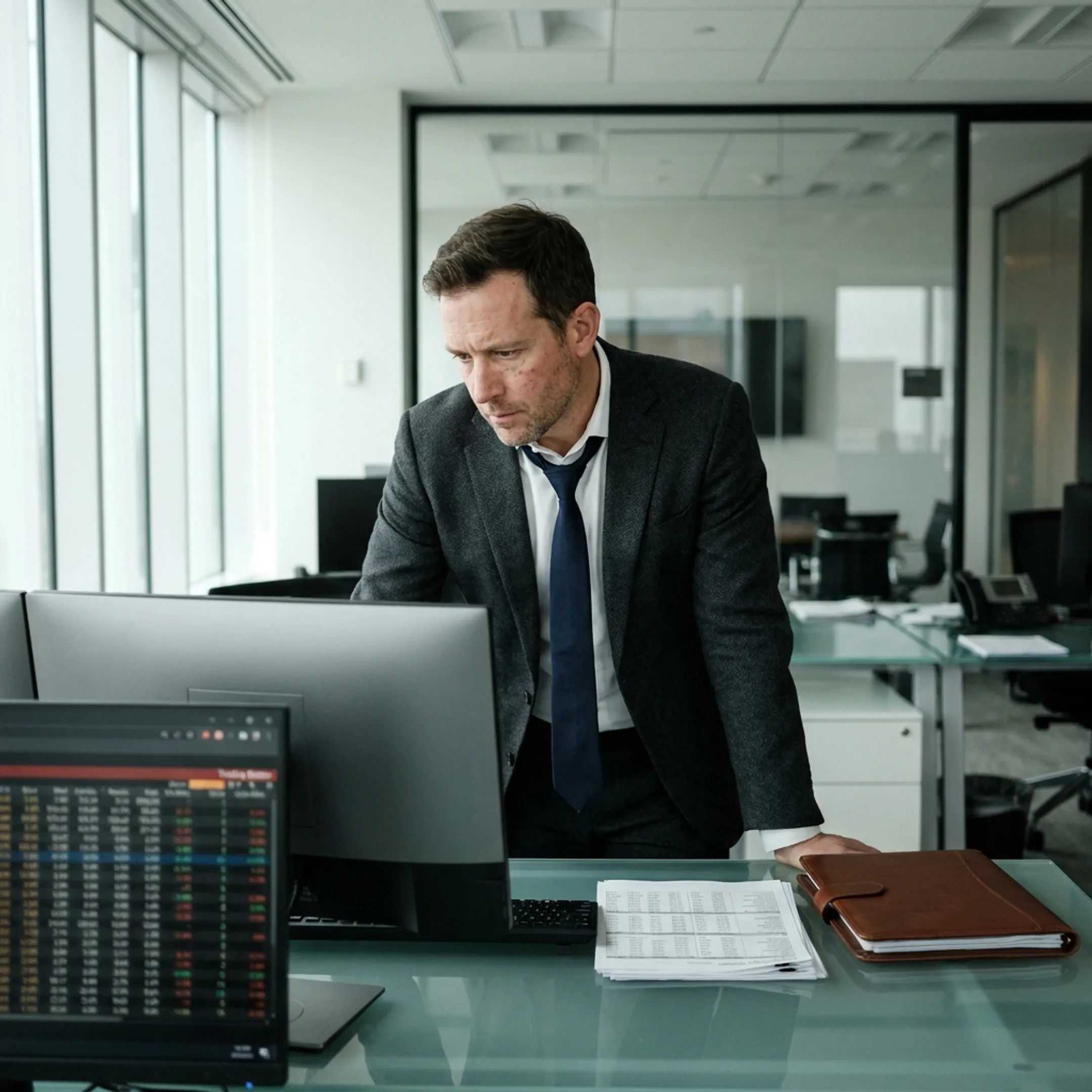 Executive compliance officer reviewing equities trading documentation in a corporate boardroom