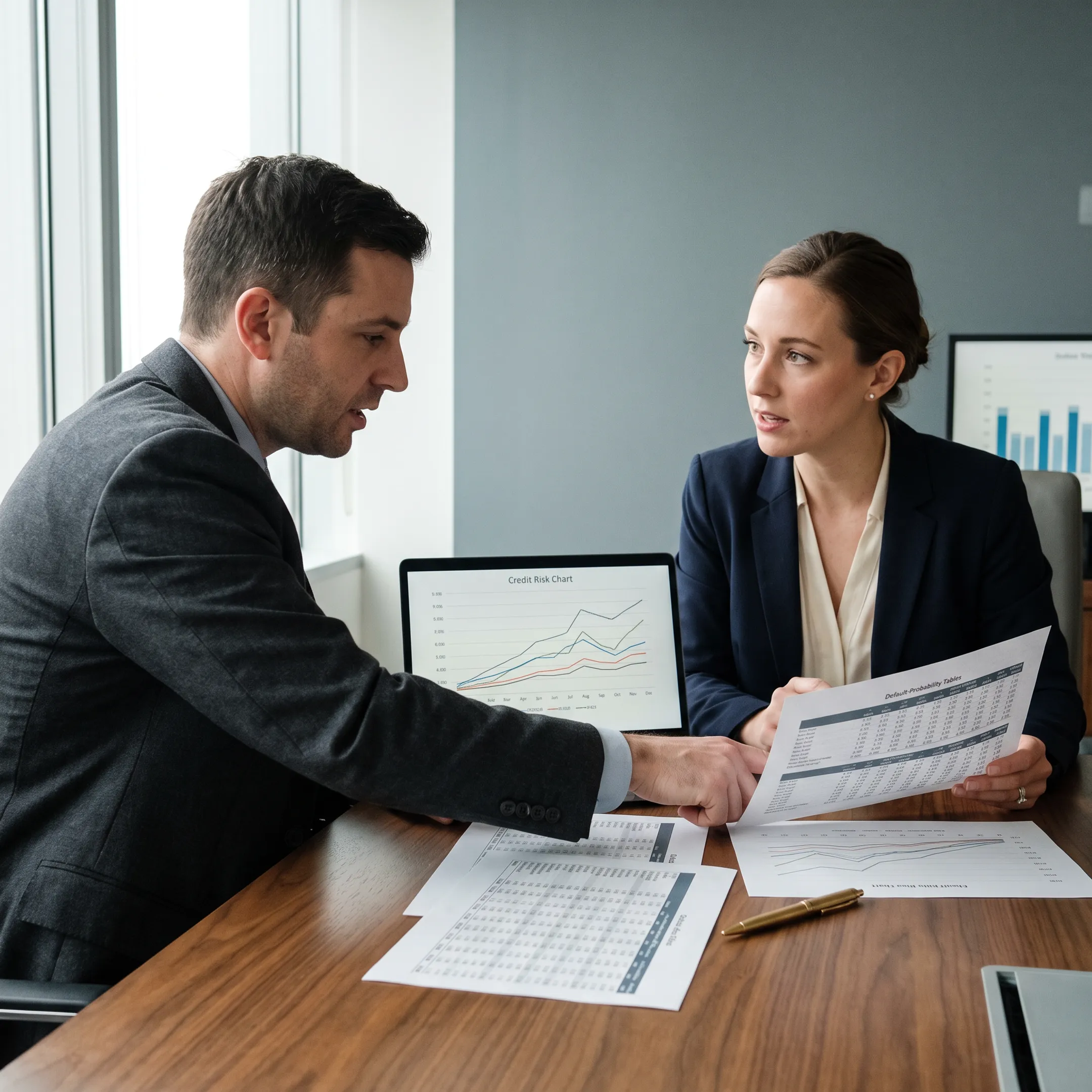 Financial risk analysts reviewing credit assessment data on digital monitors