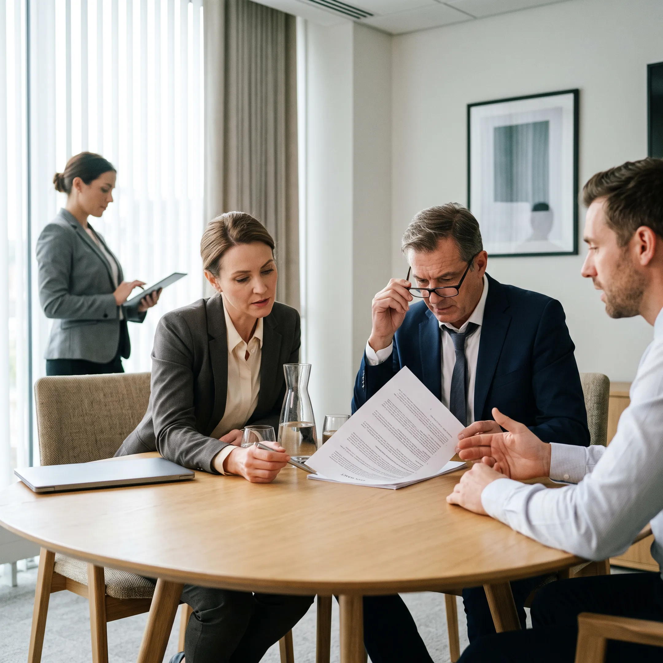 Corporate legal team discussing contracts in a conference room