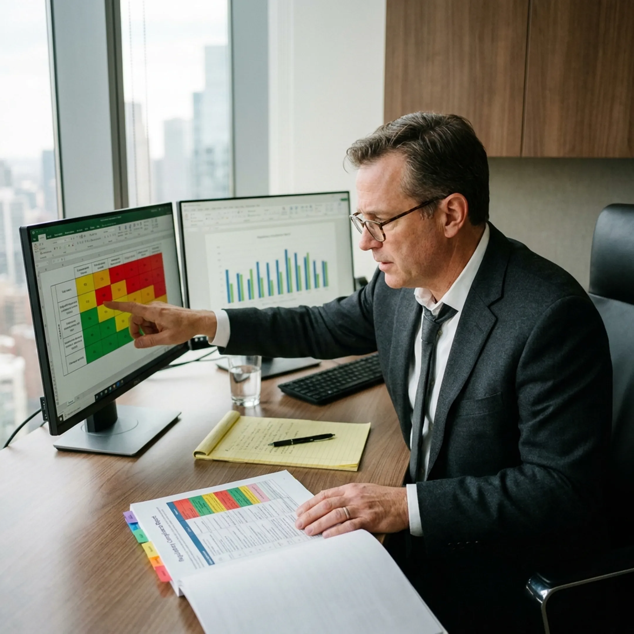 Director of enterprise risk analyzing compliance reports on high-resolution monitor