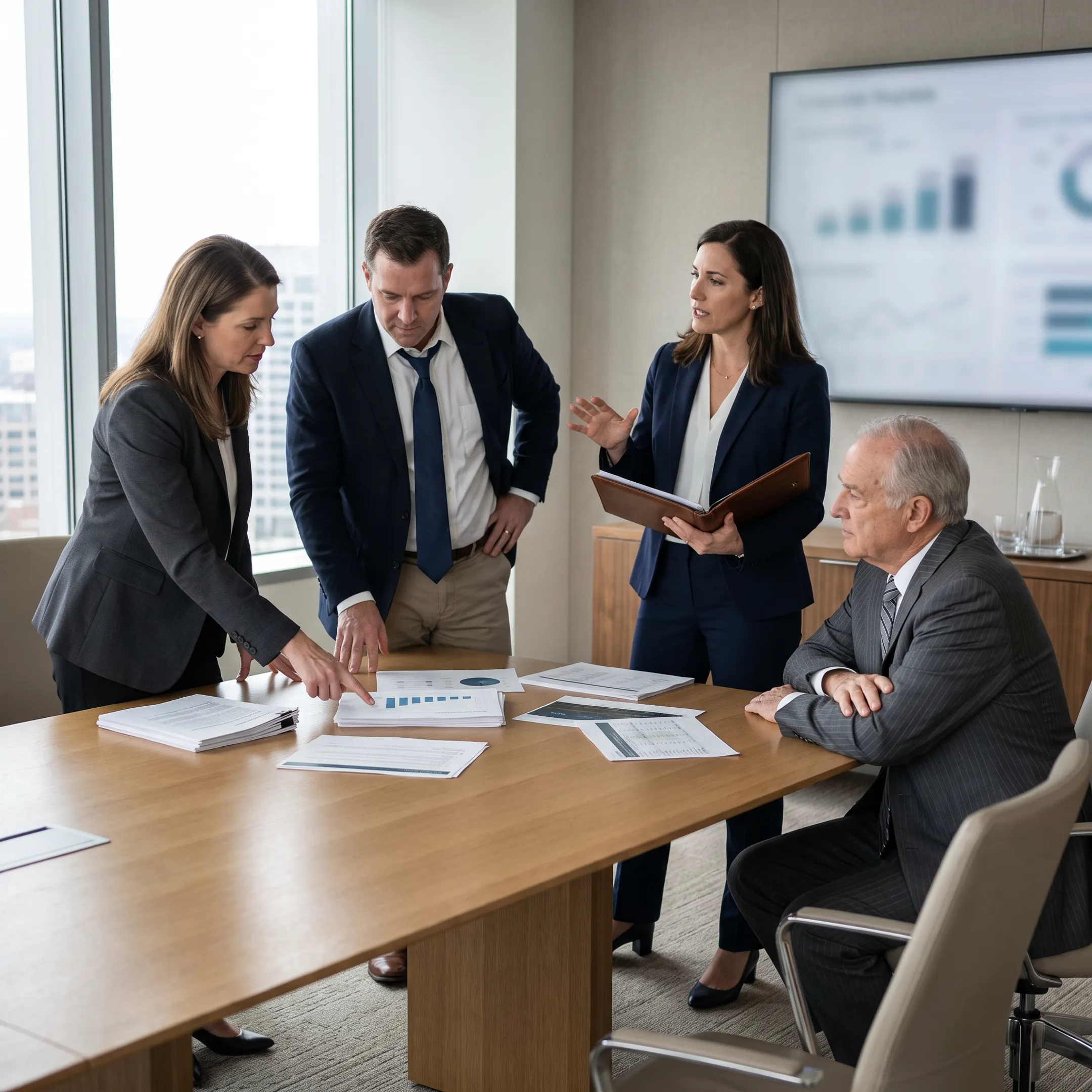 Executive team discussing enterprise risk management framework in corporate boardroom