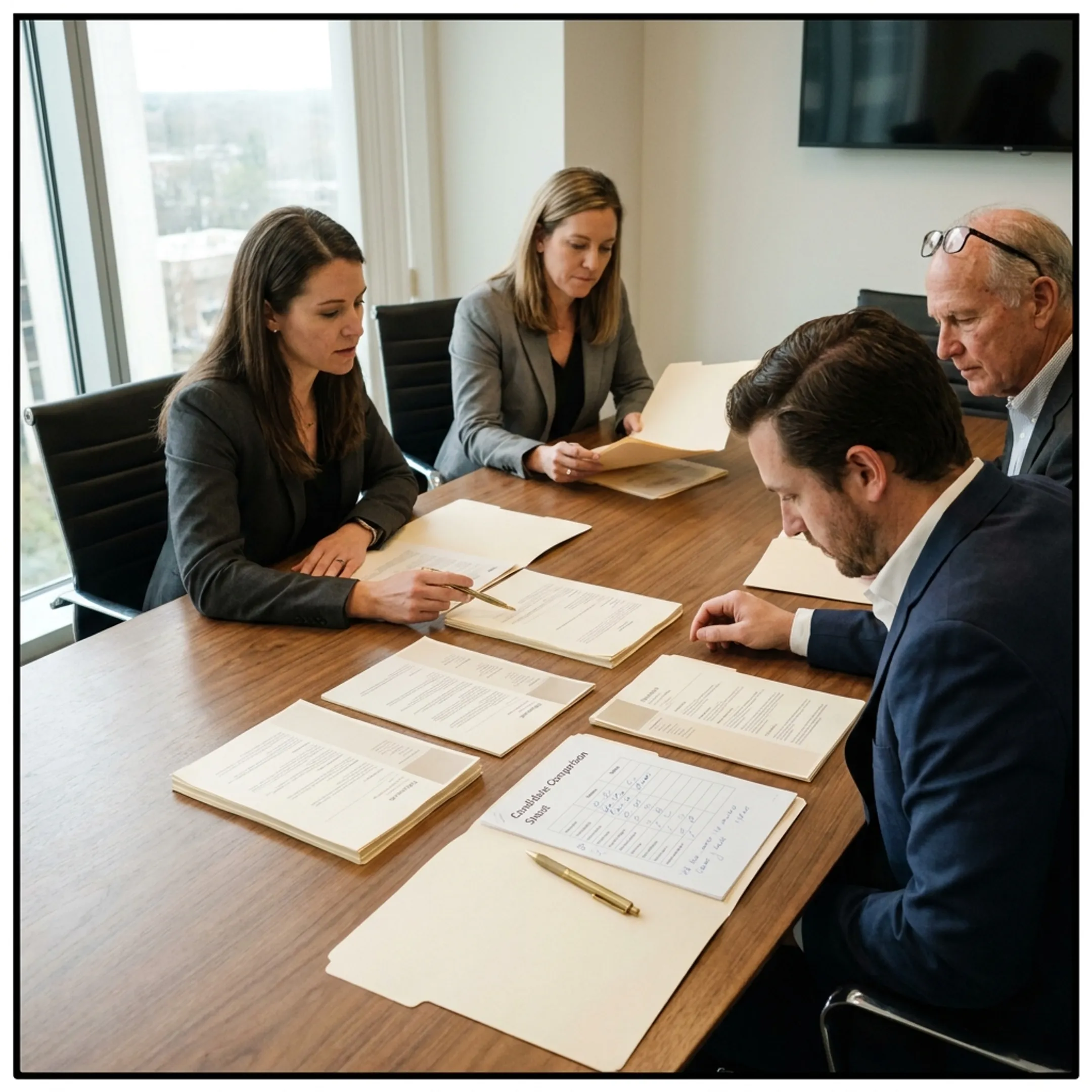 Legal recruiters discussing qualified attorney candidates during a search consultation.