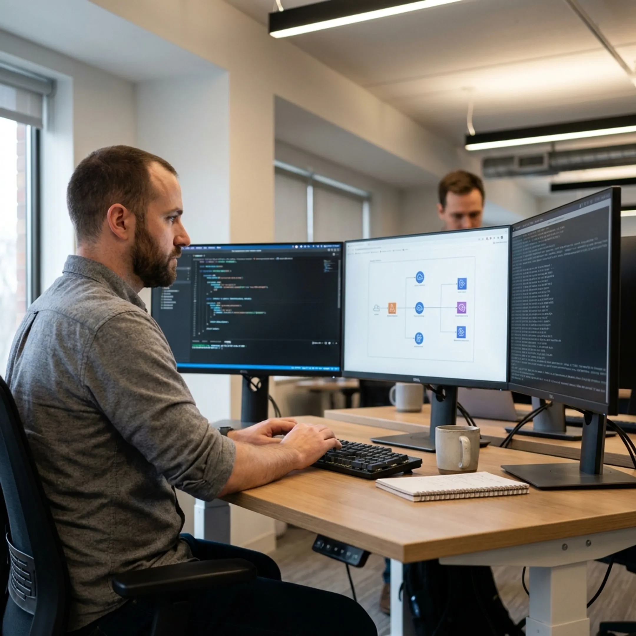 Cloud software engineer analyzing distributed architecture and code on dual monitors