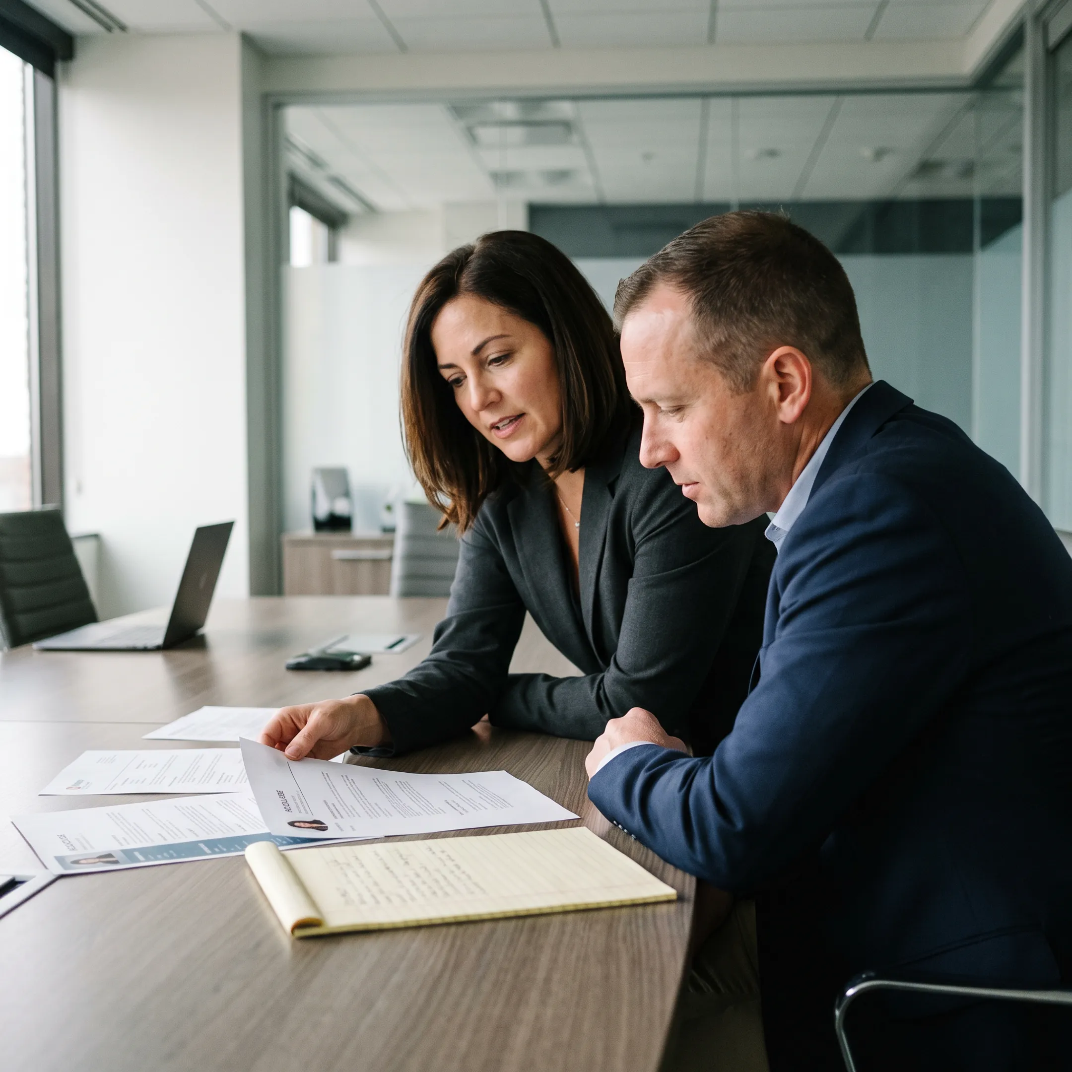 Executive legal recruiters reviewing qualified attorney profiles in an office meeting.