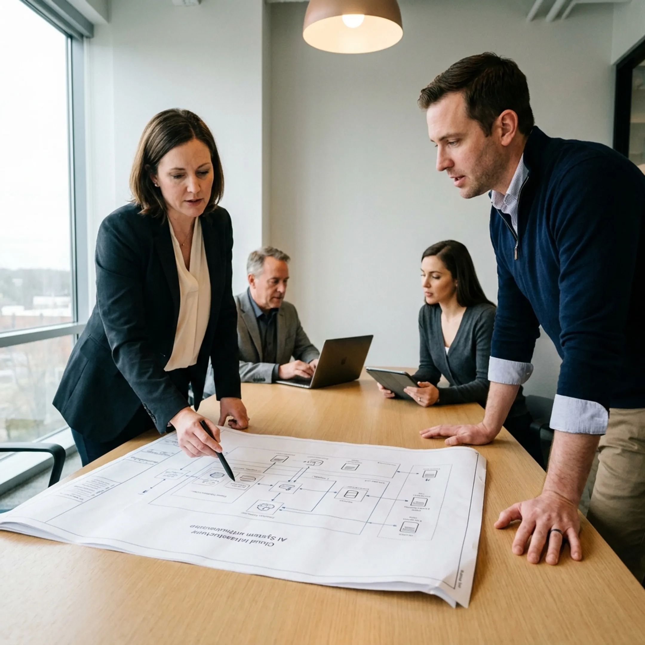 Engineering leaders reviewing generative AI system architecture diagrams