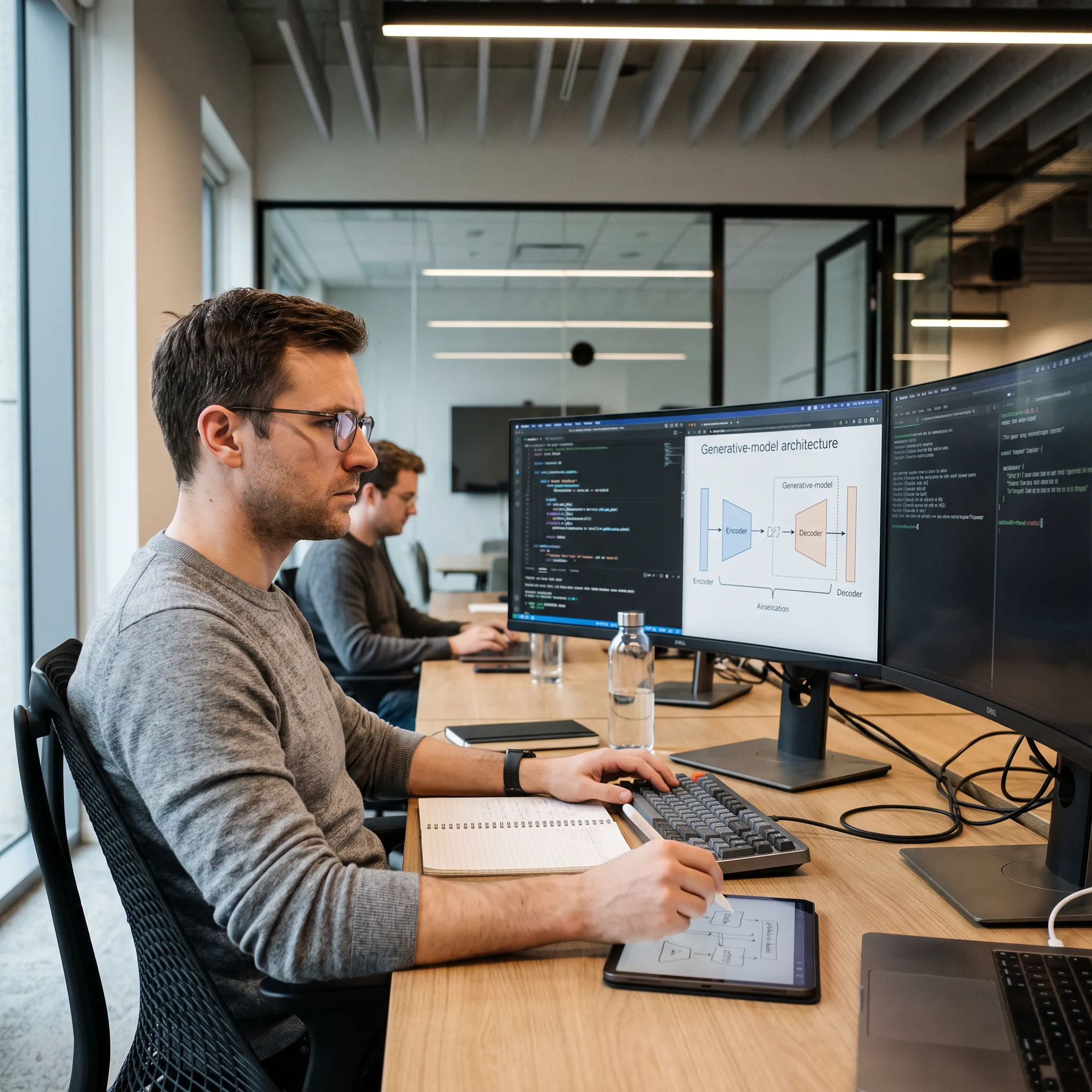 Software engineer coding generative AI applications on multiple monitors