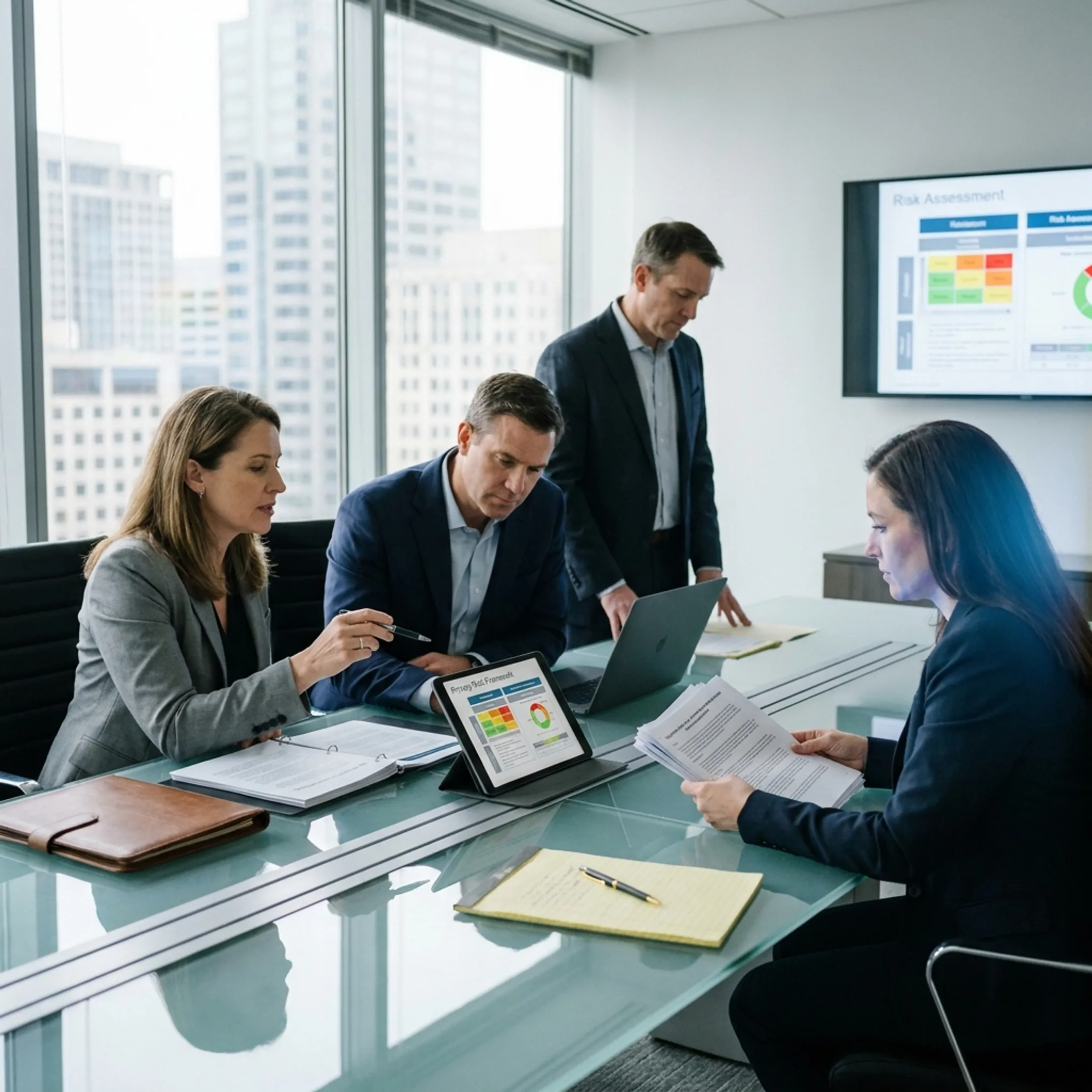 Executive compliance team analyzing corporate data governance strategy