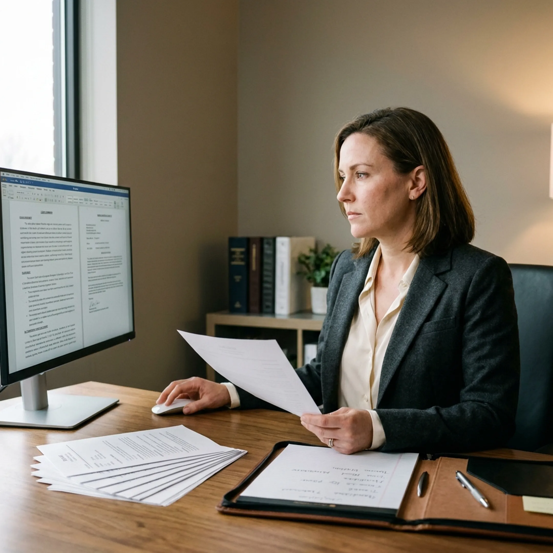 Executive legal search consultant reviewing candidate profiles