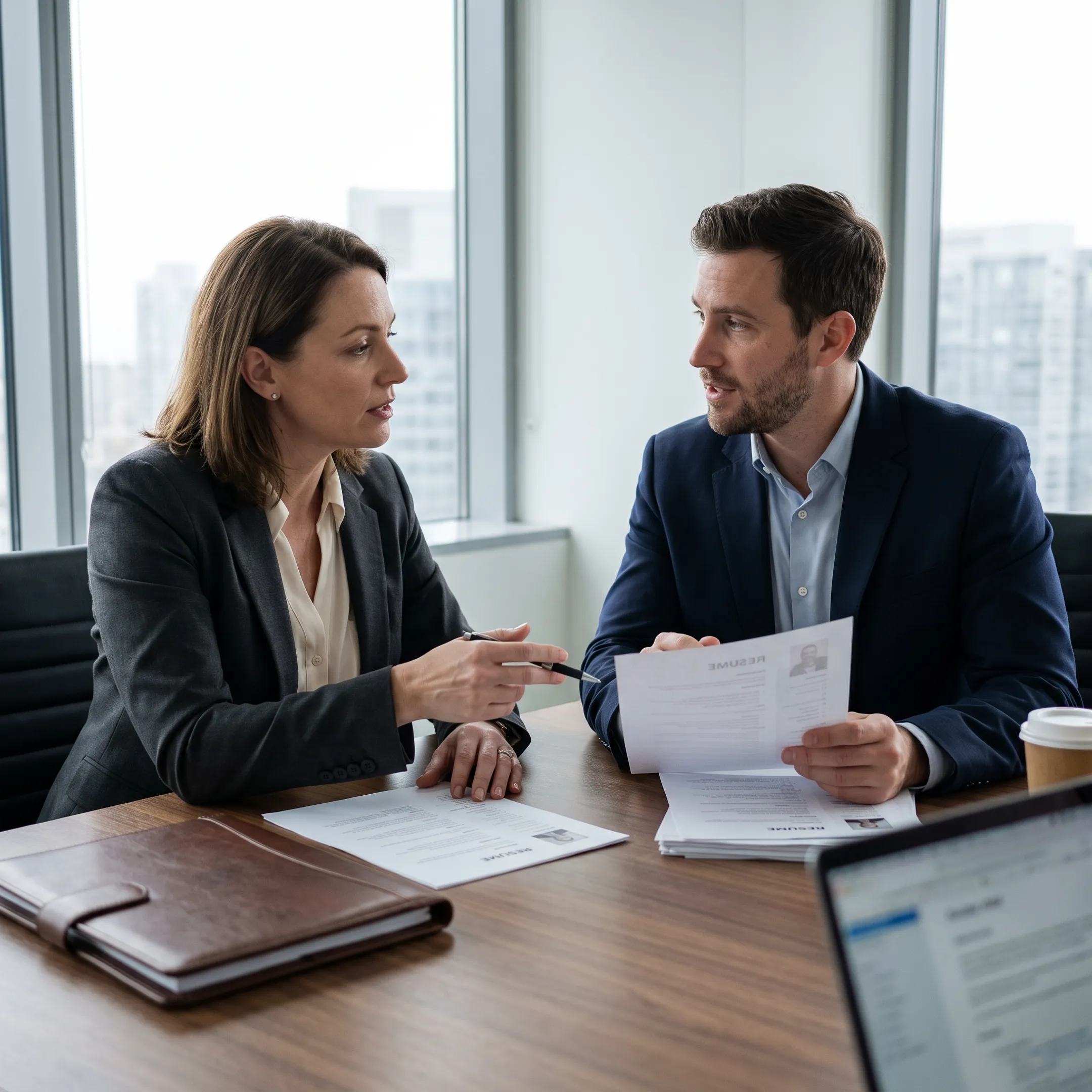 Legal recruitment consultants meeting with an attorney candidate in a corporate office