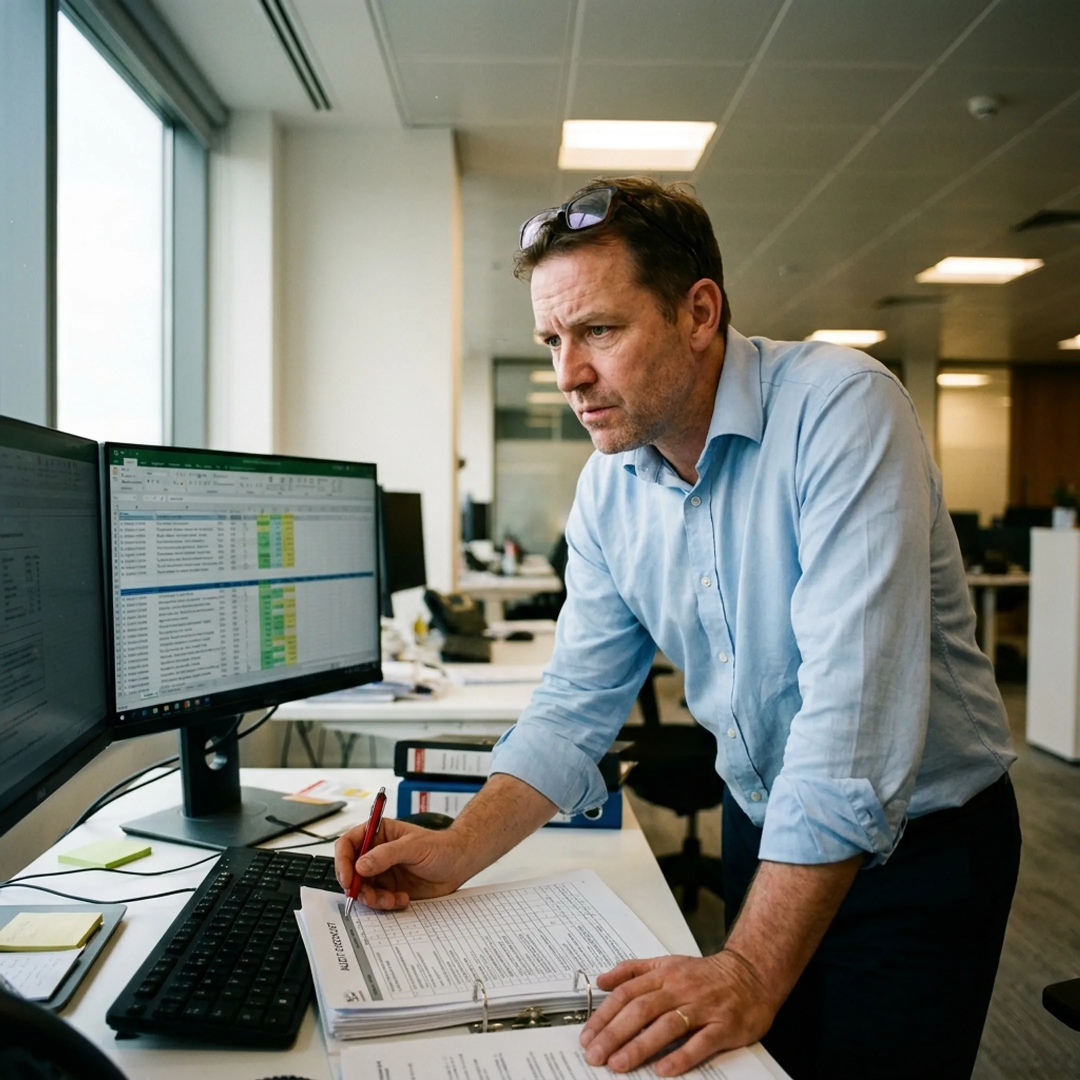 Compliance advisor reviewing regulatory reports on modern display