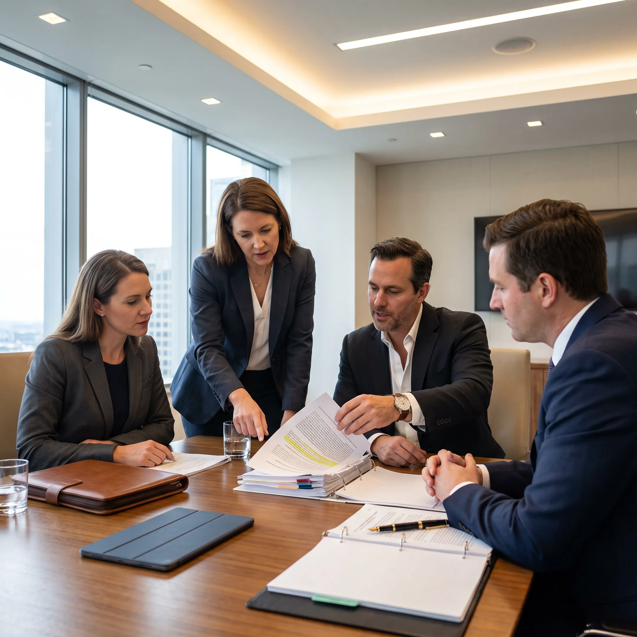 Executive compliance advisory meeting in a corporate boardroom