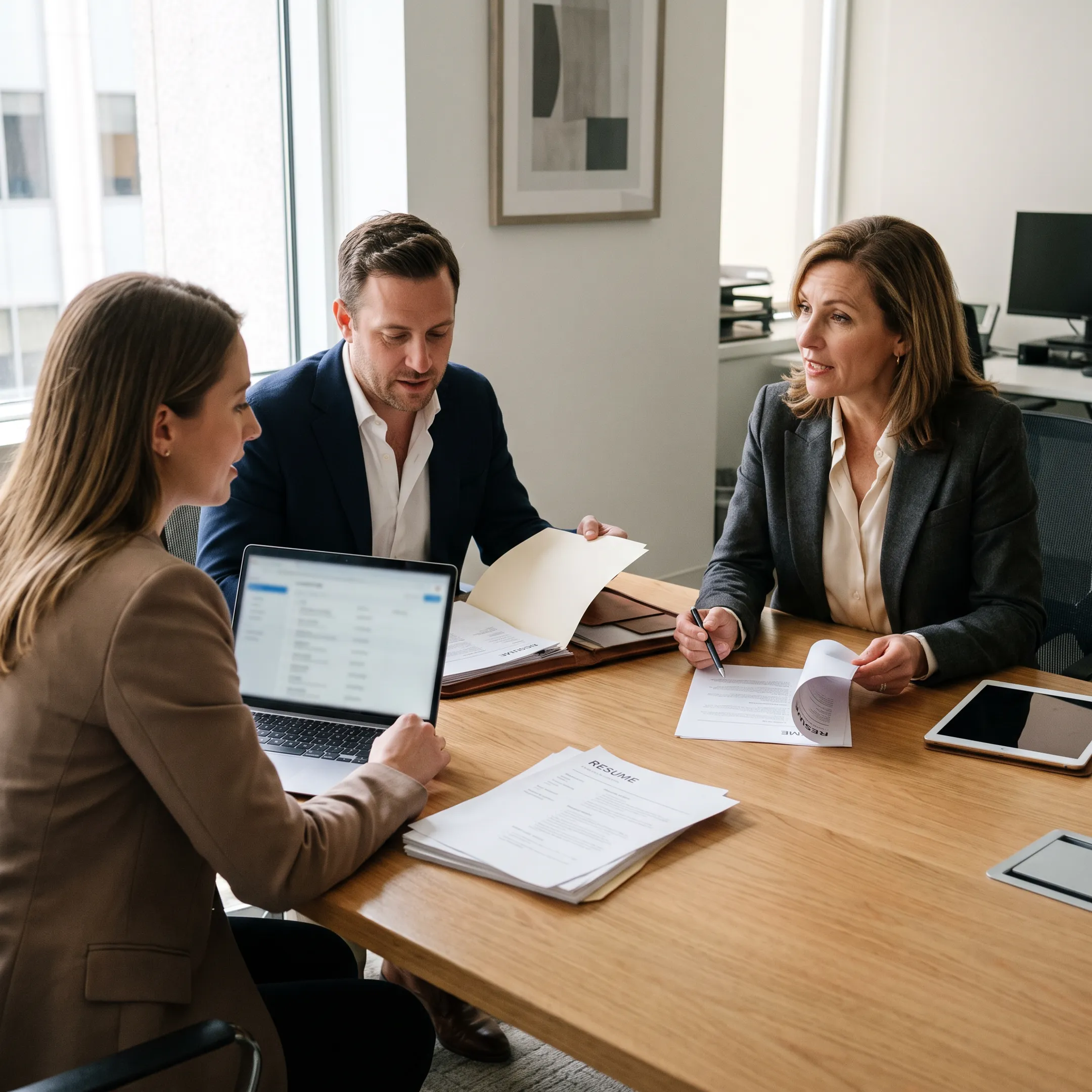 Internal audit recruitment specialists reviewing candidate profiles in an office setting