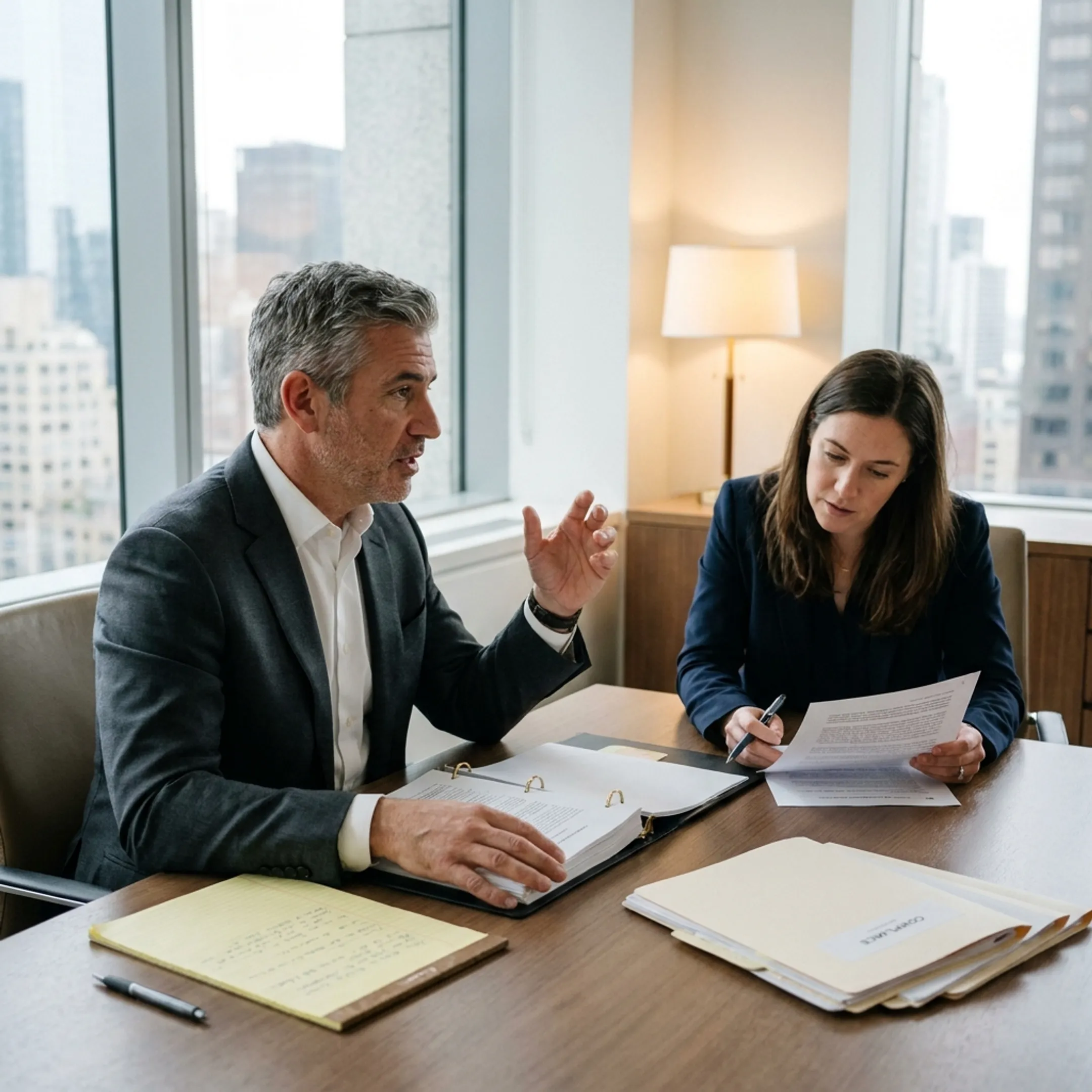 Senior legal consultant advising corporate executive on regulatory governance in an office
