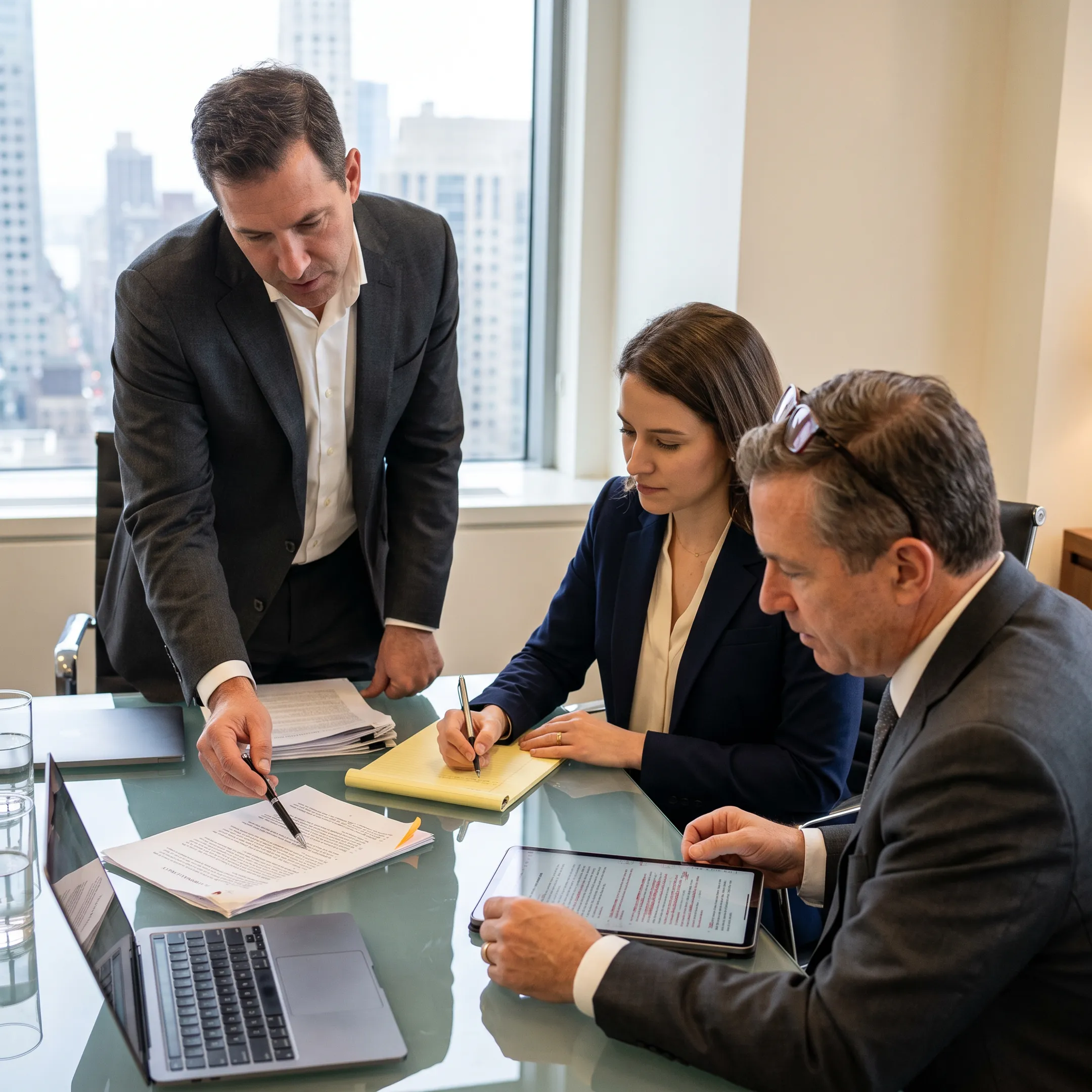 Executive legal team collaborating in a New York corporate boardroom overlooking the city skyline