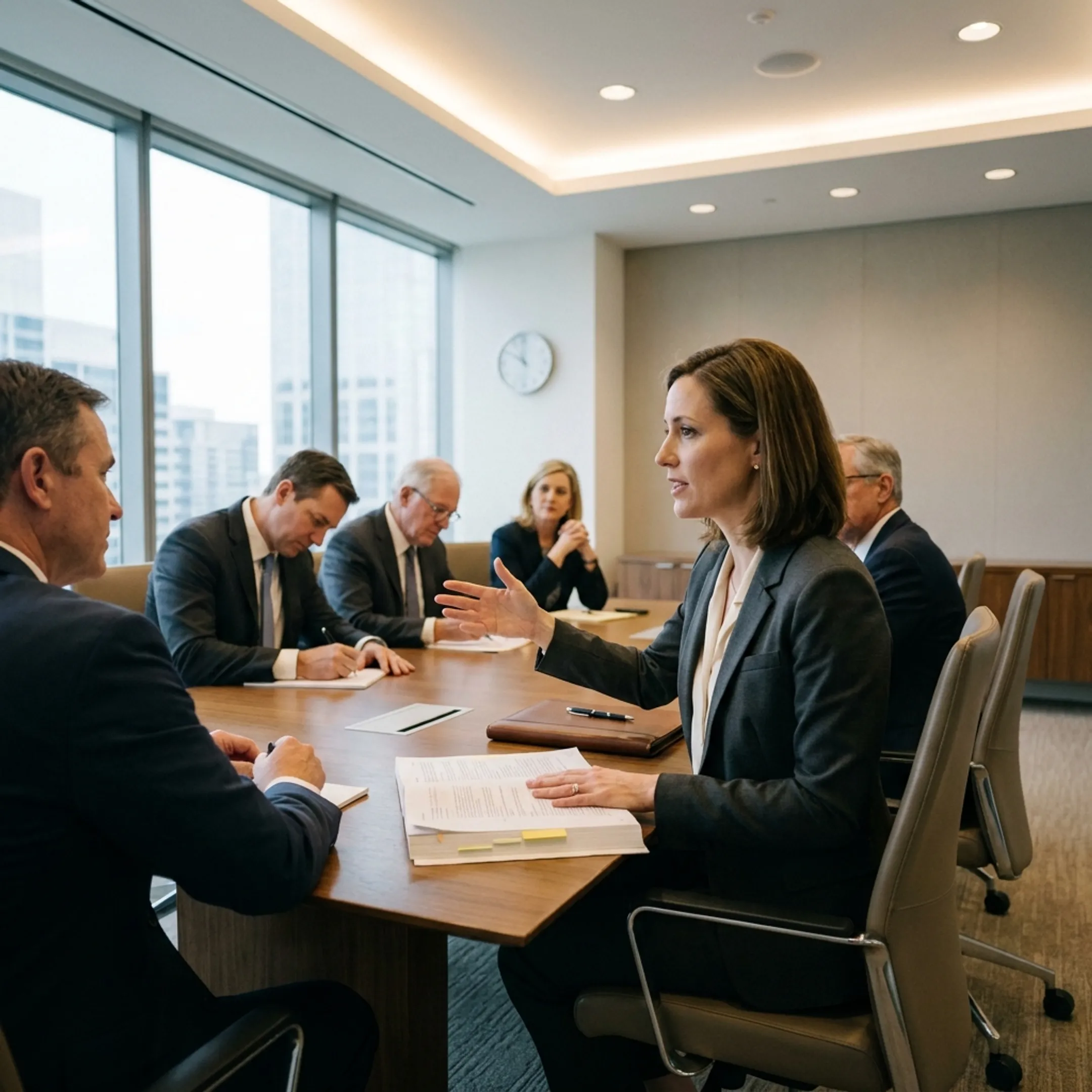 Senior legal advisor discussing corporate governance strategy with executive leadership