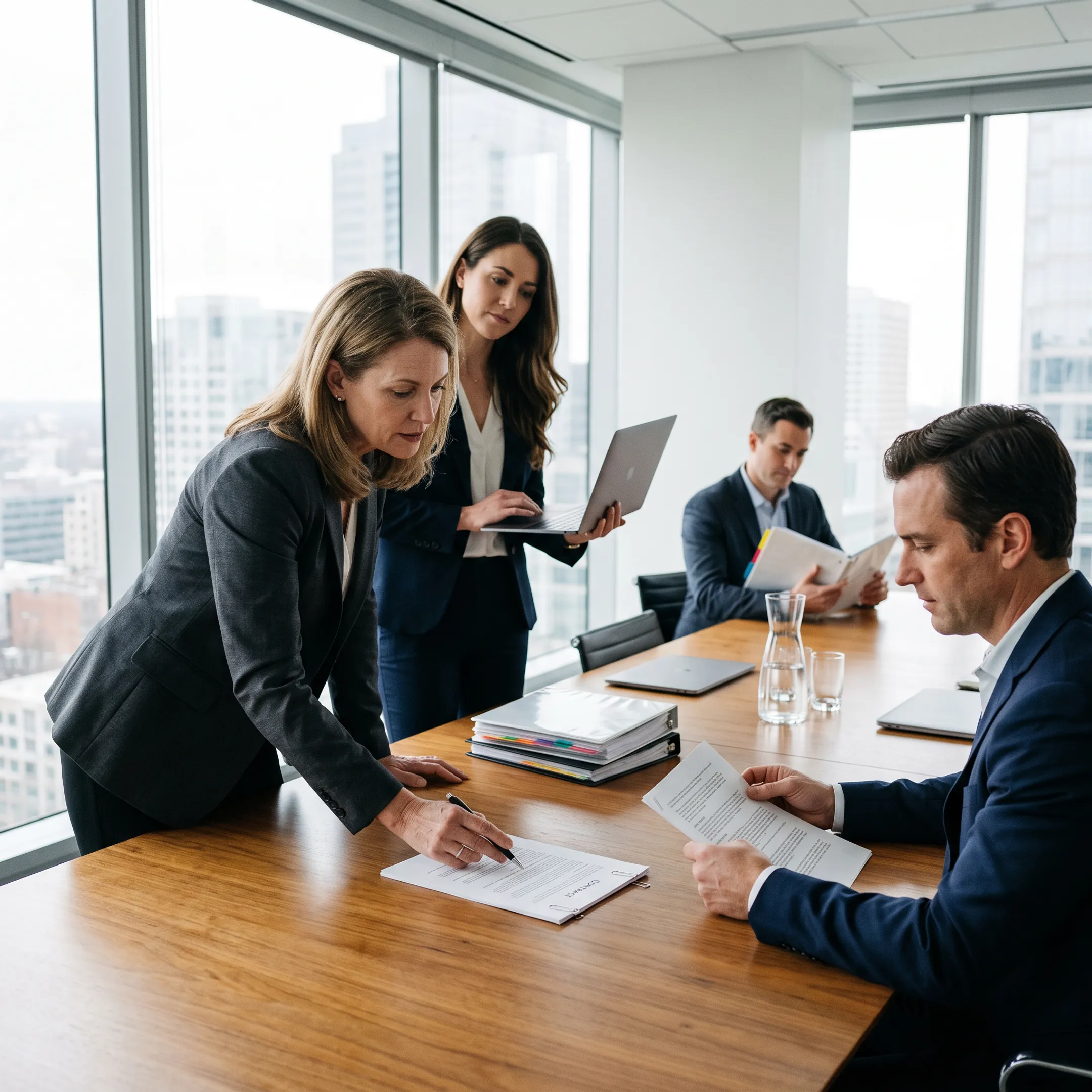 Executive legal counsel reviewing corporate governance documentation in an office setting