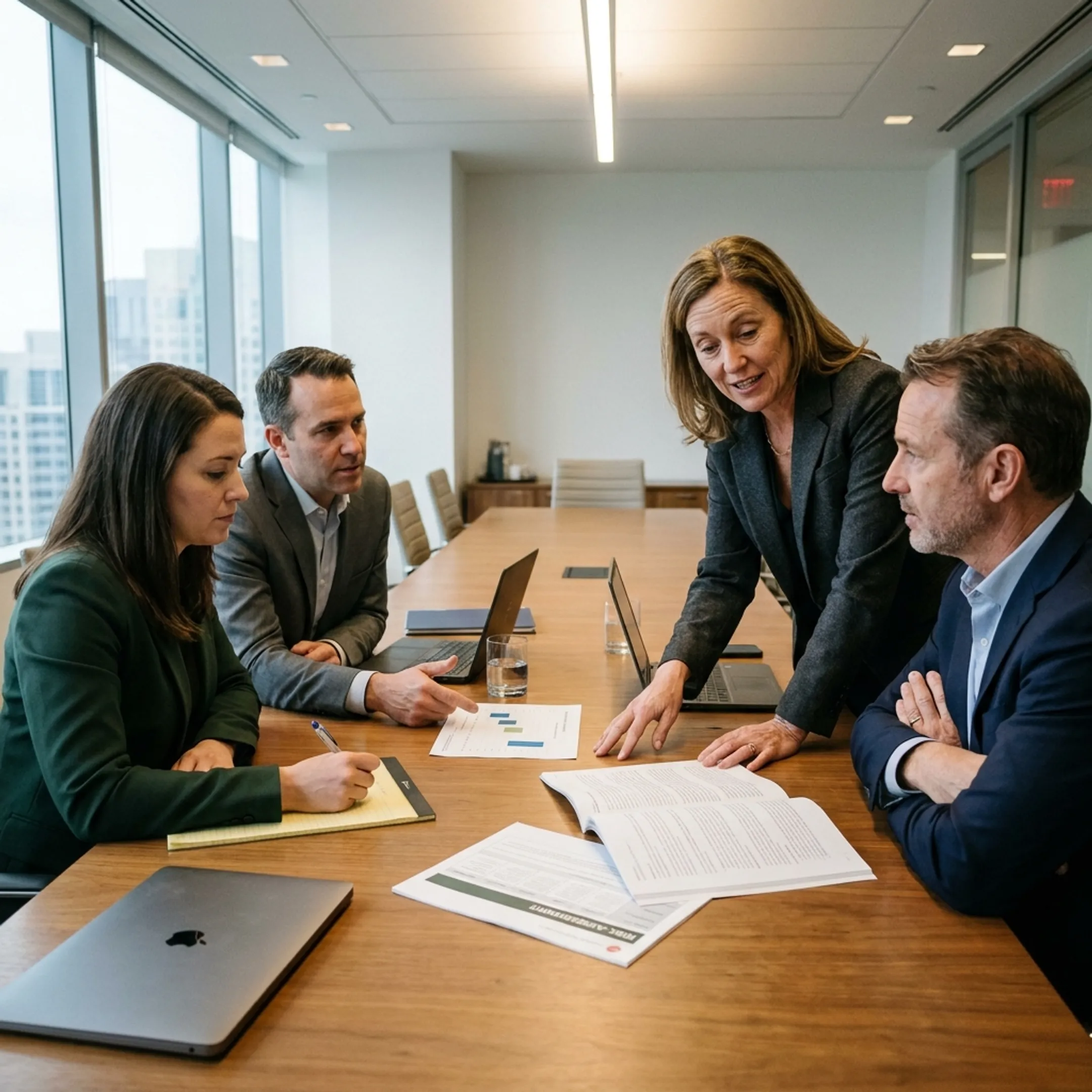 Corporate compliance officers discussing governance strategy in a conference room