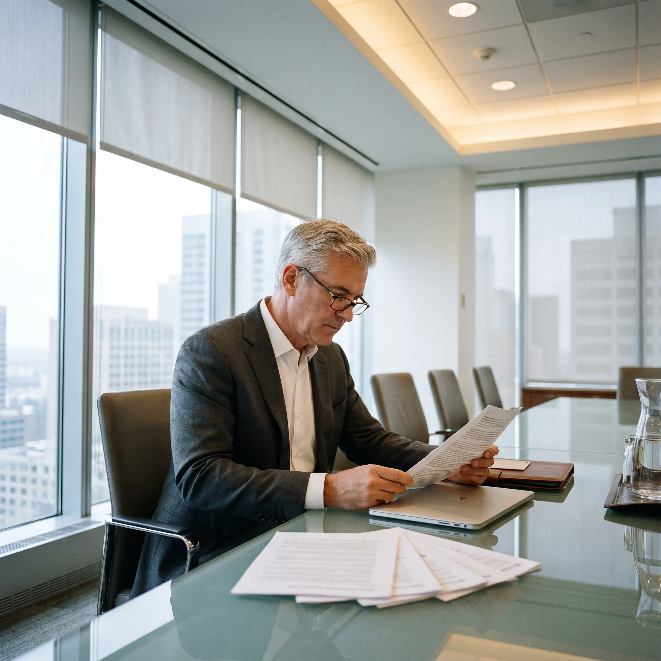 Senior compliance executive reviewing financial regulatory documents in an office