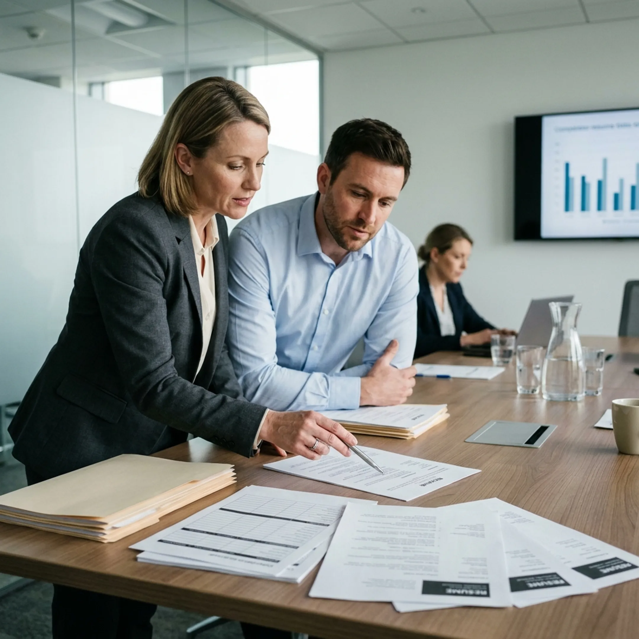 Executive search team reviewing candidate qualifications for data analytics positions