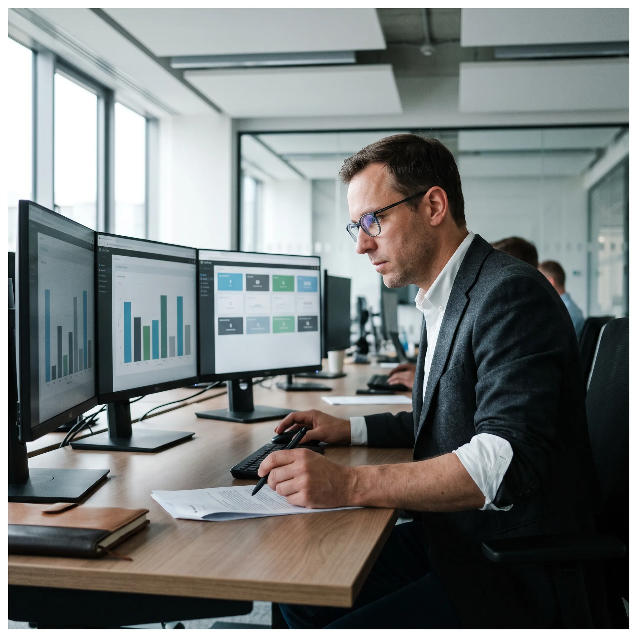 Data analyst analyzing business intelligence dashboards in a modern office