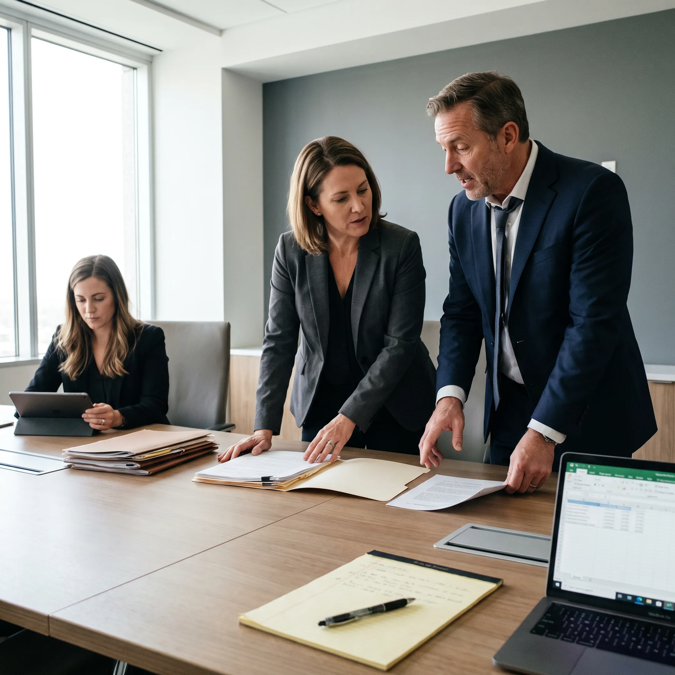 Regulatory and compliance lawyers reviewing legal documents in a corporate office