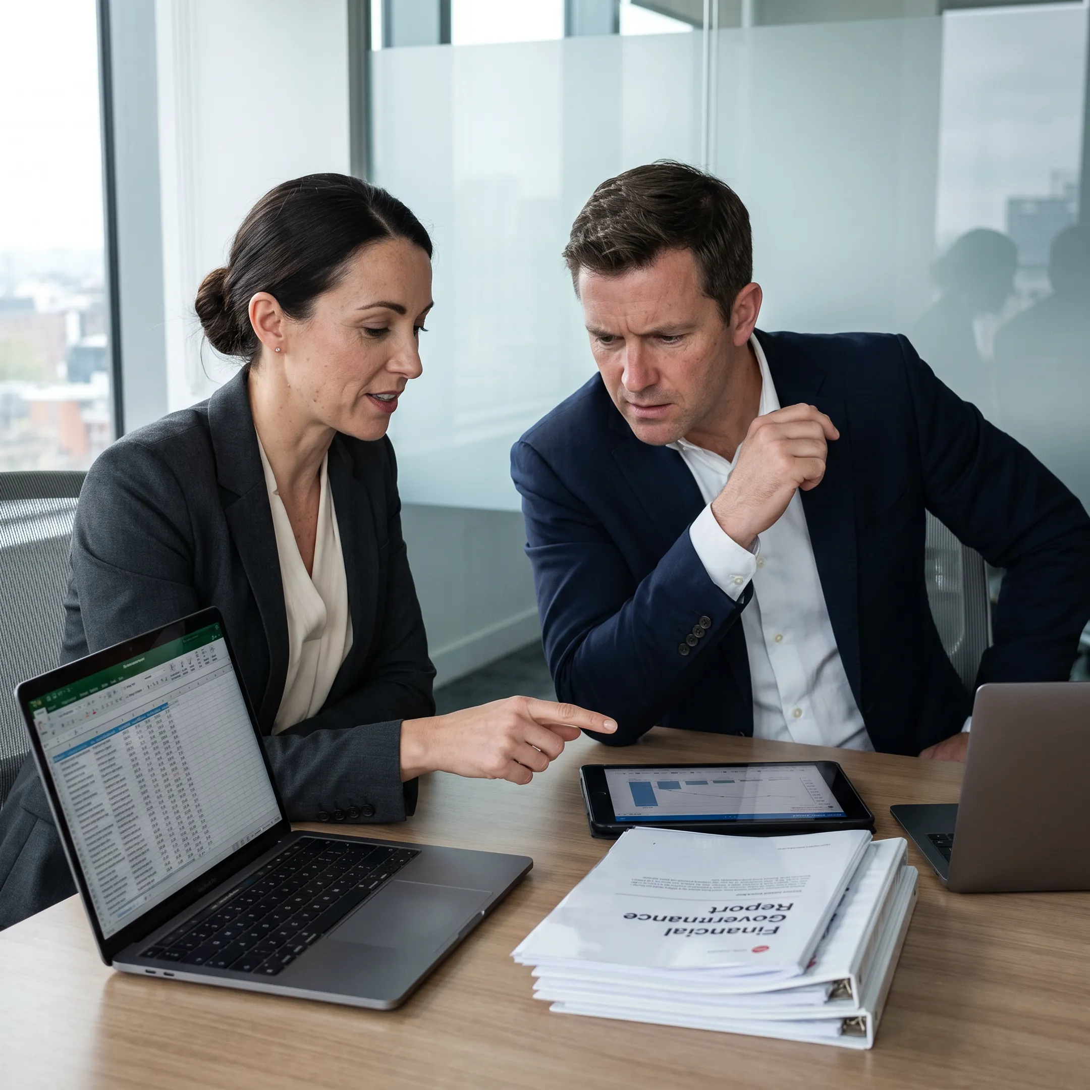 Compliance consultants reviewing regulatory audit documentation and enterprise risk models