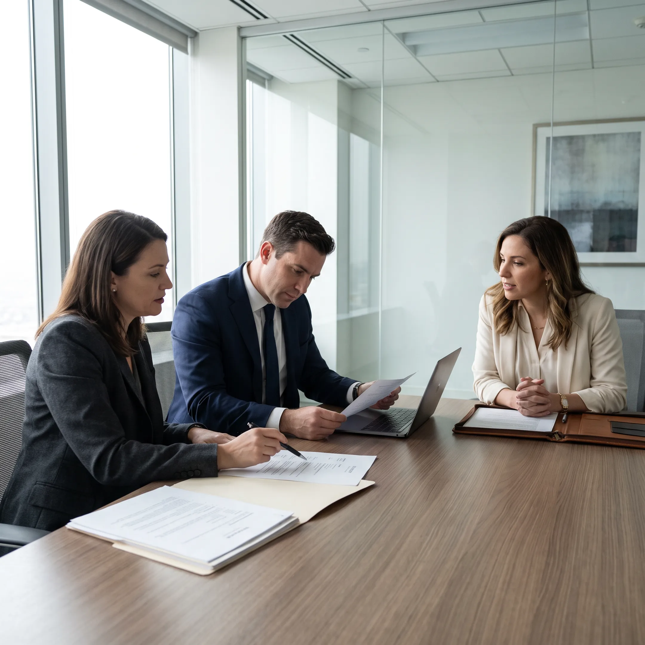 Patent attorney reviewing intellectual property legal documents in an office