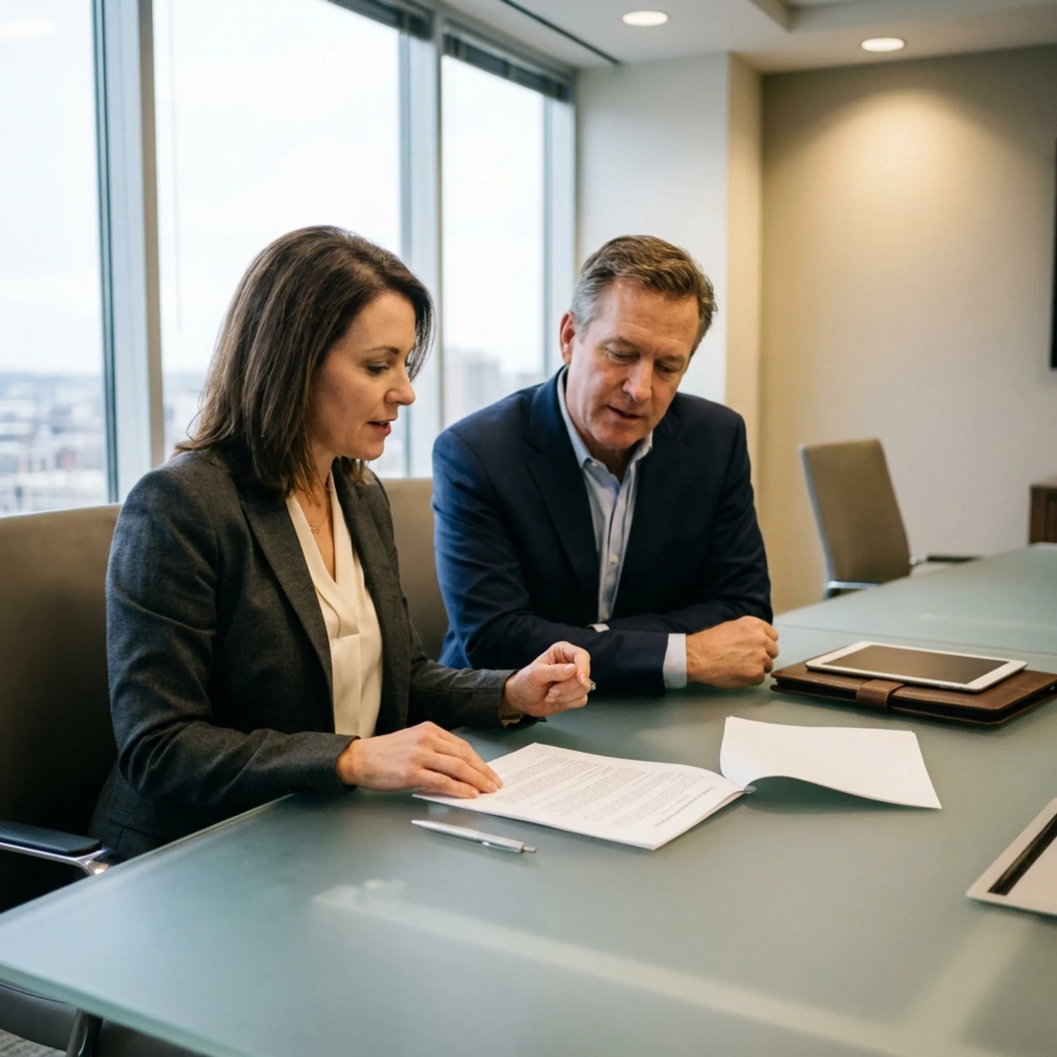 Legal professionals discussing corporate strategy in a St. Louis conference room