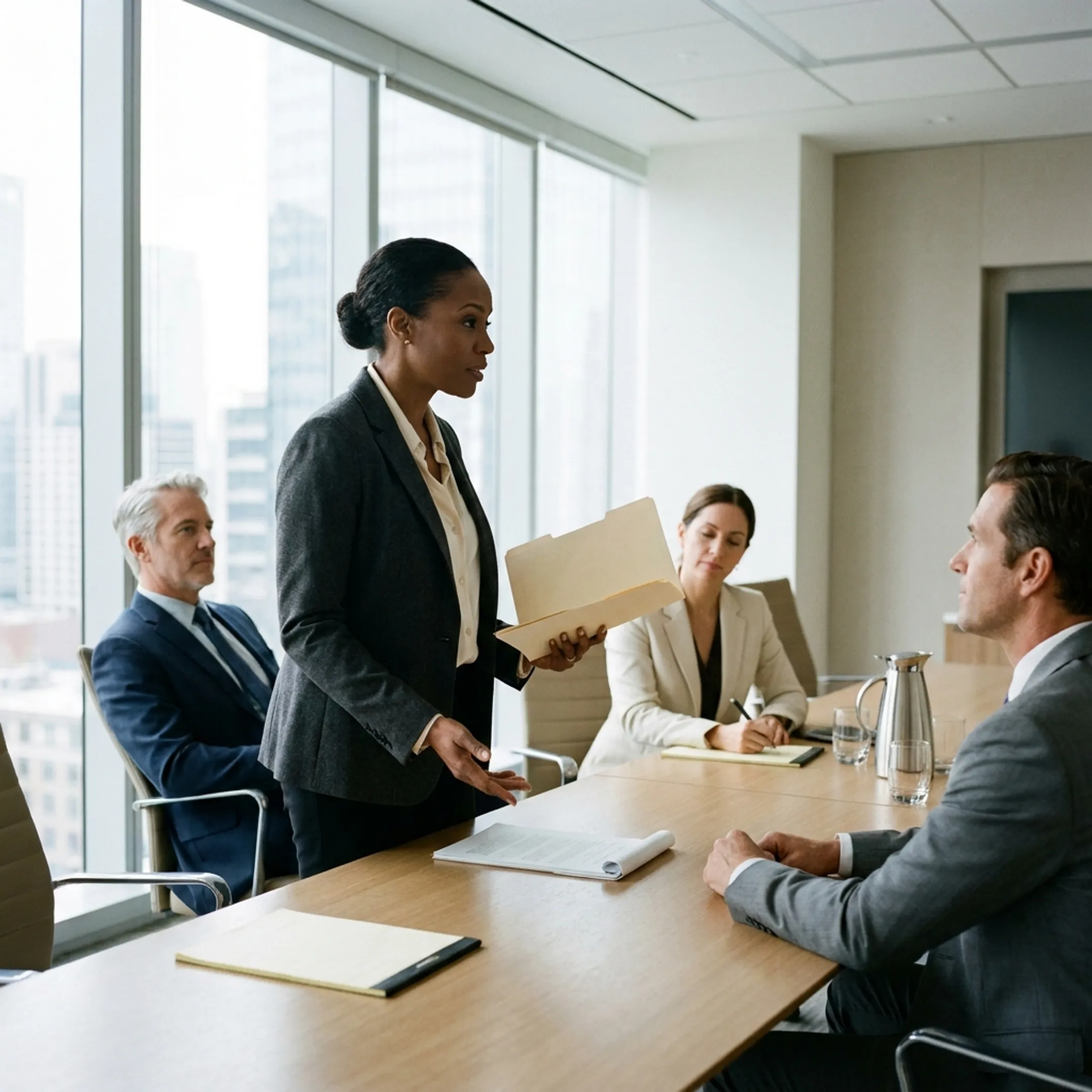 Executive legal leadership team collaborating on corporate governance in a boardroom
