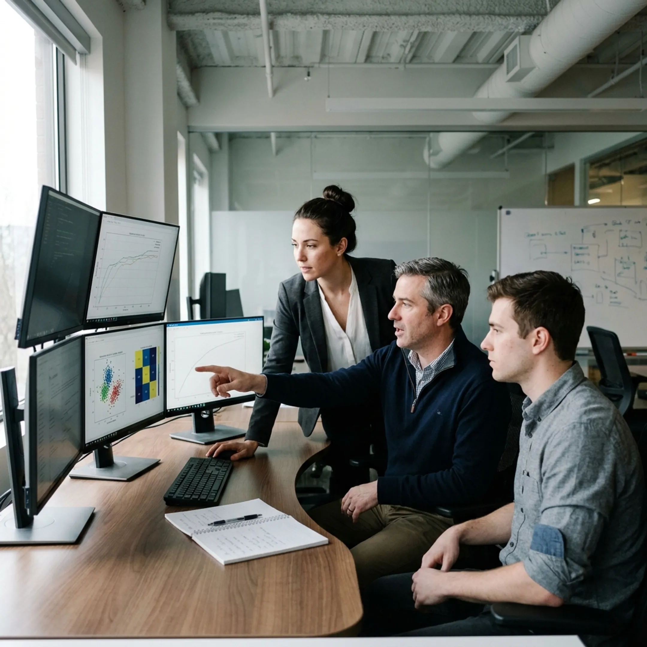 Engineering team collaborating on artificial intelligence code and machine learning models in modern office setting