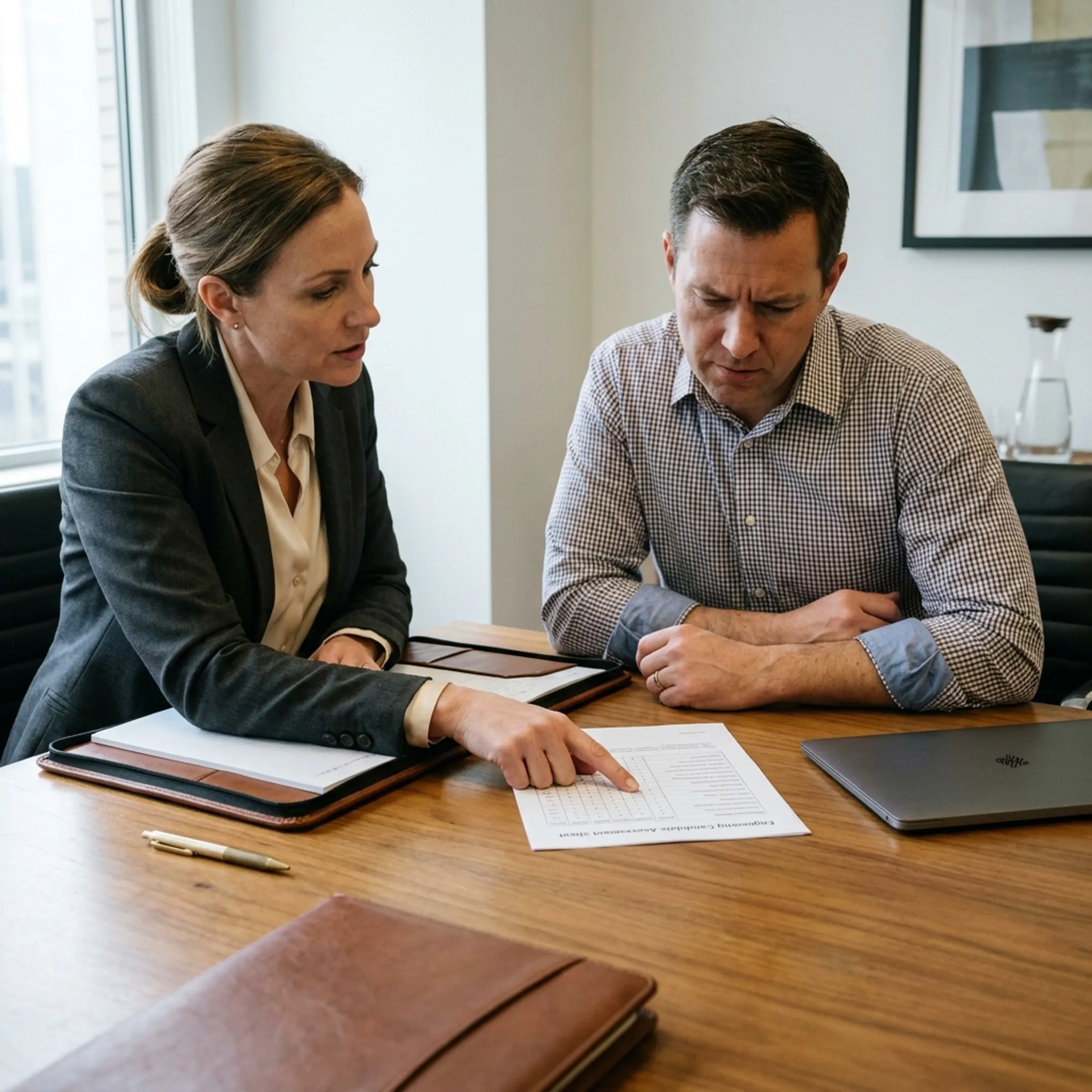 Technical hiring manager and recruiter reviewing technical candidate assessments and resumes together