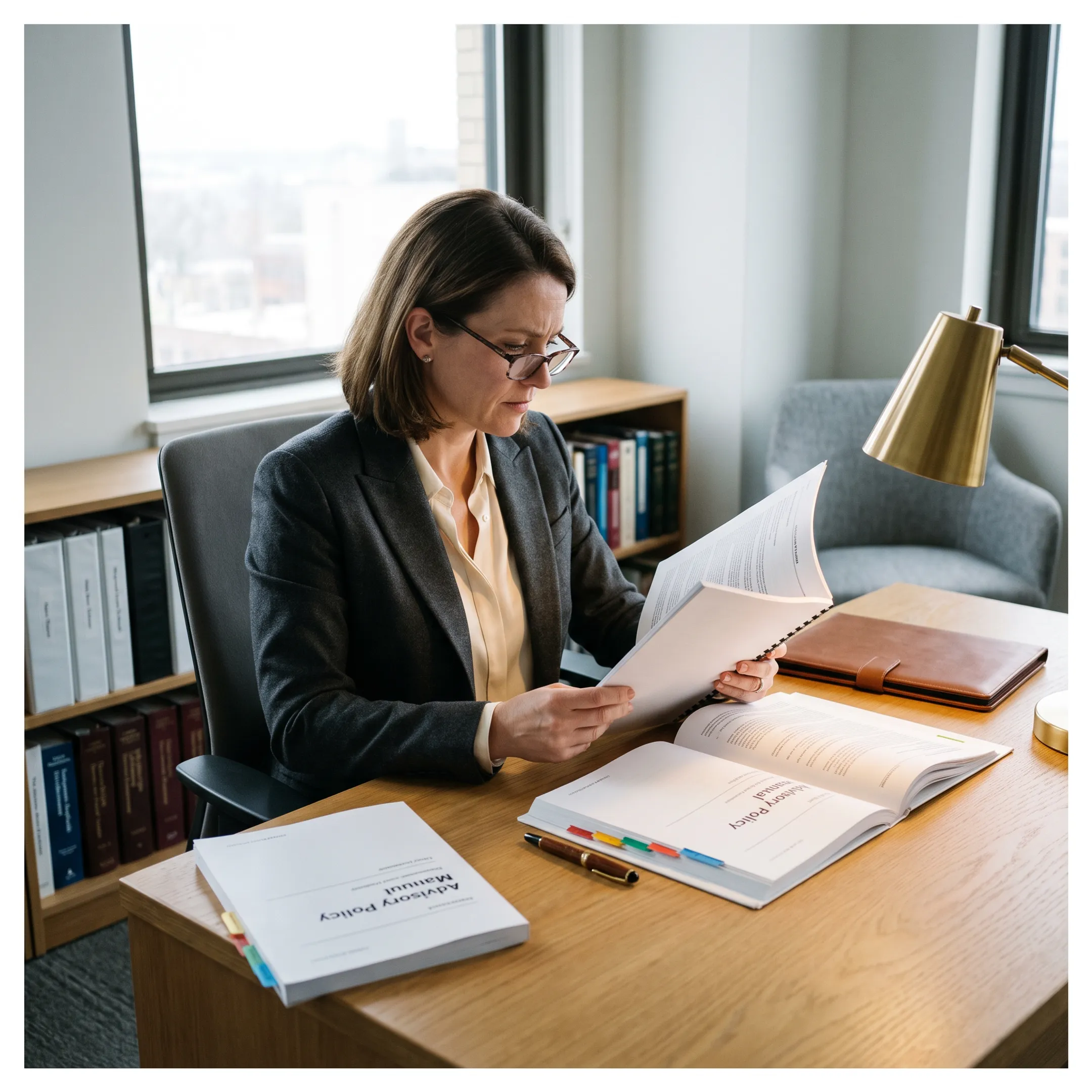 Professional RIA compliance consultant reviewing regulatory documents in a corporate office