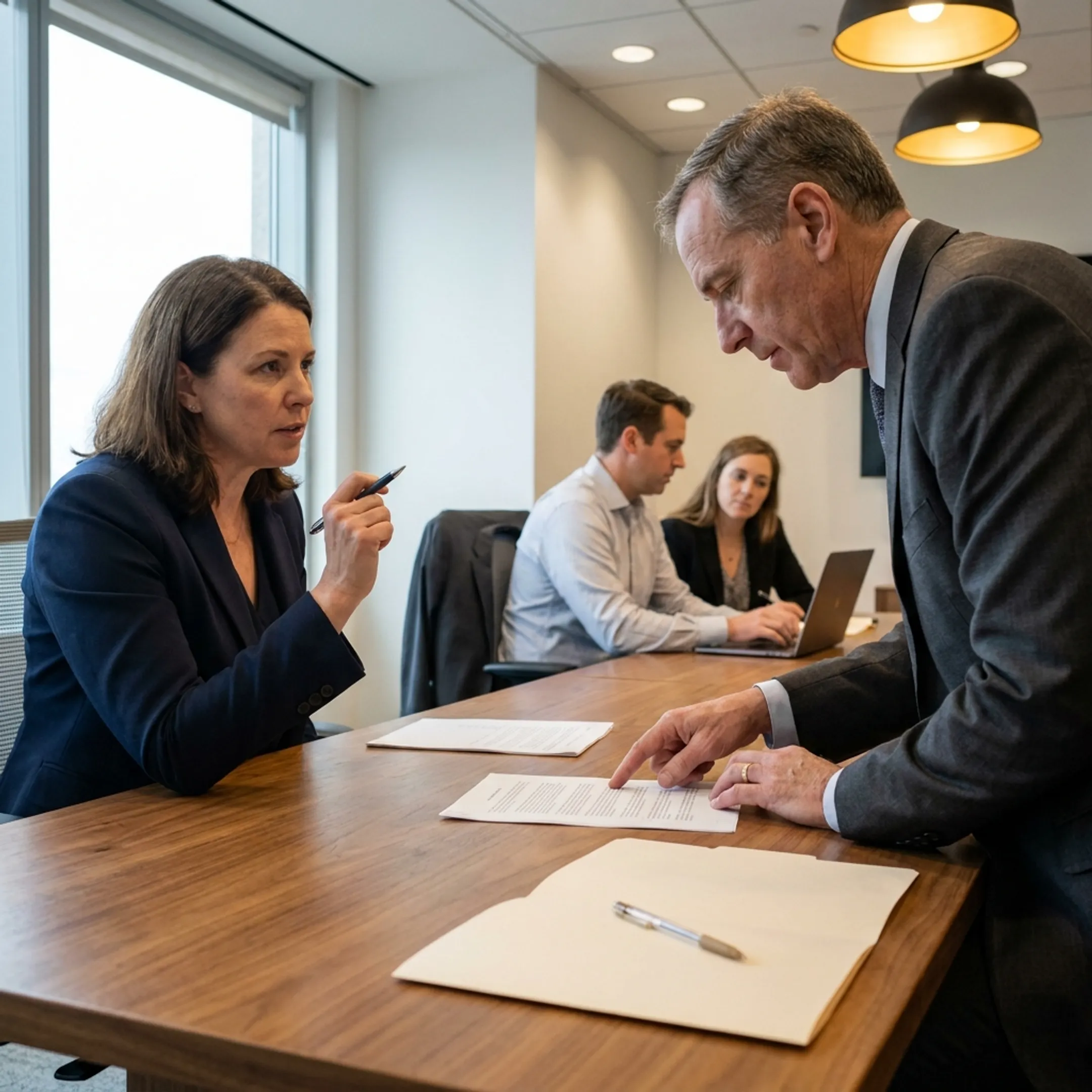 Attorneys in a boardroom discussing contract details during recruitment placement