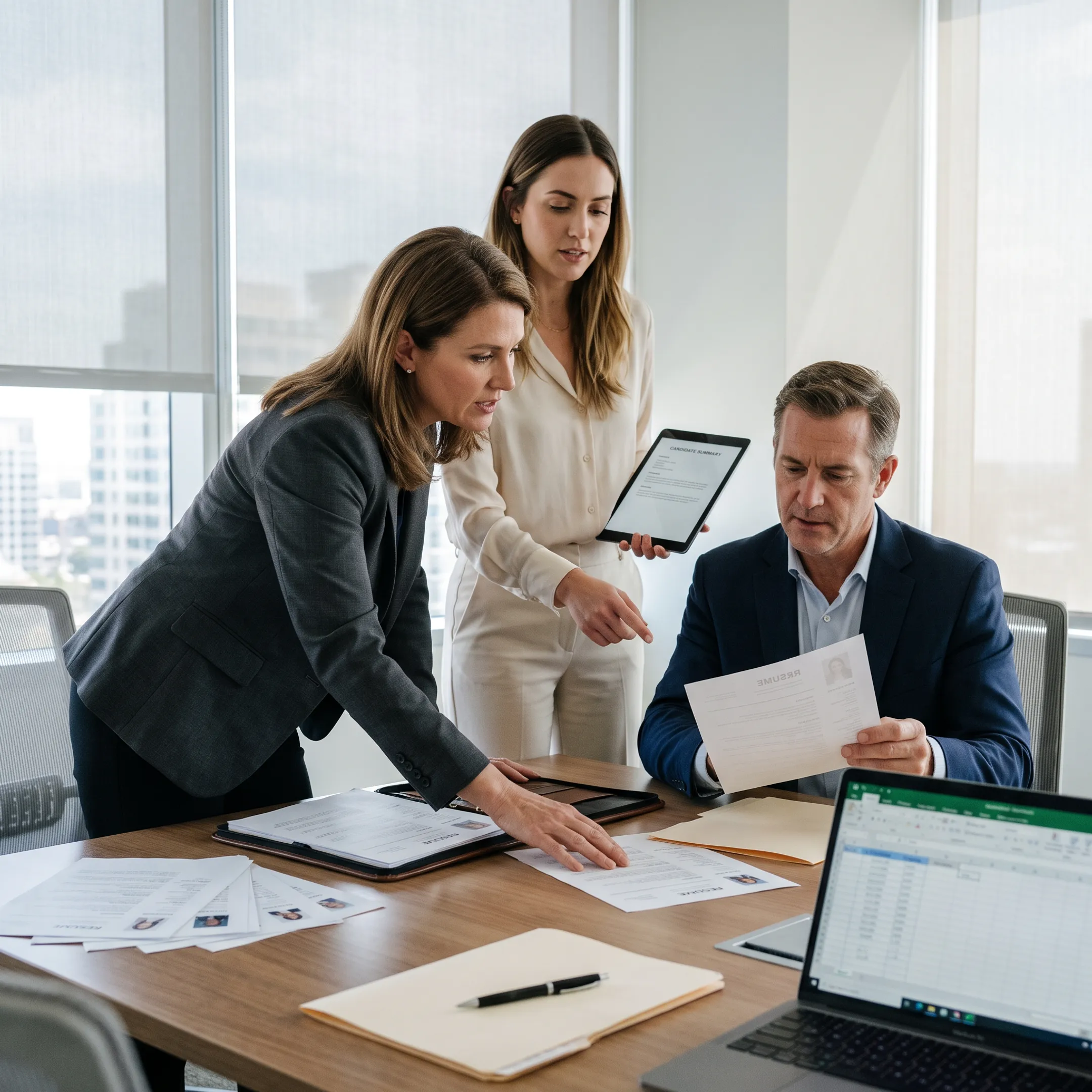 Legal recruitment consultants reviewing candidate profiles in a modern office
