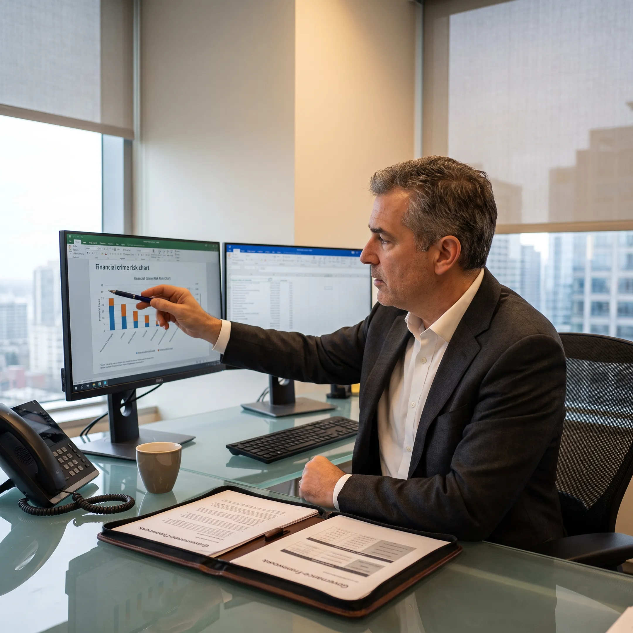Executive fraud risk management leader reviewing financial compliance data