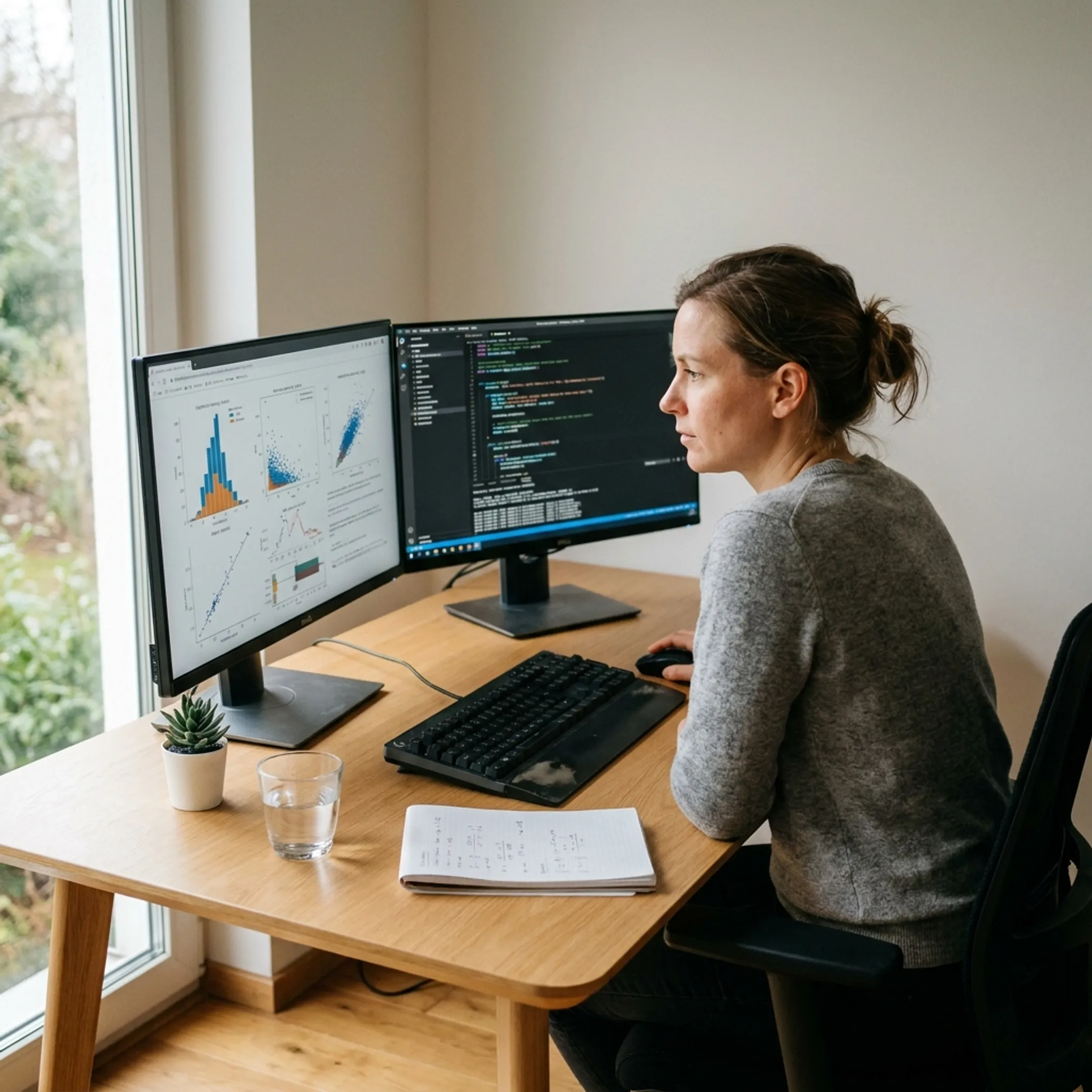 Data scientist analyzing predictive algorithms on computer monitors