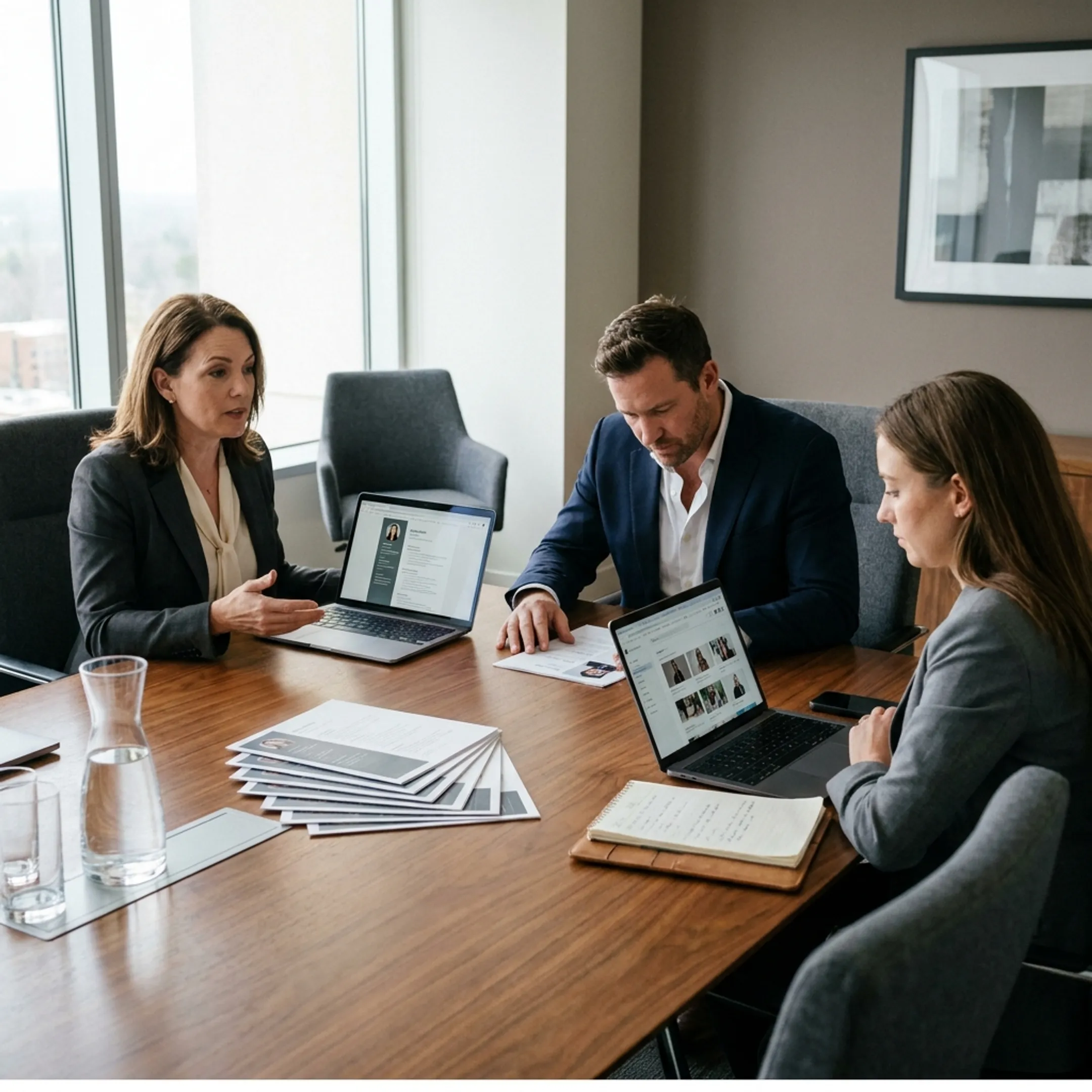 Staffing consultants reviewing candidate portfolios for contract data analyst roles