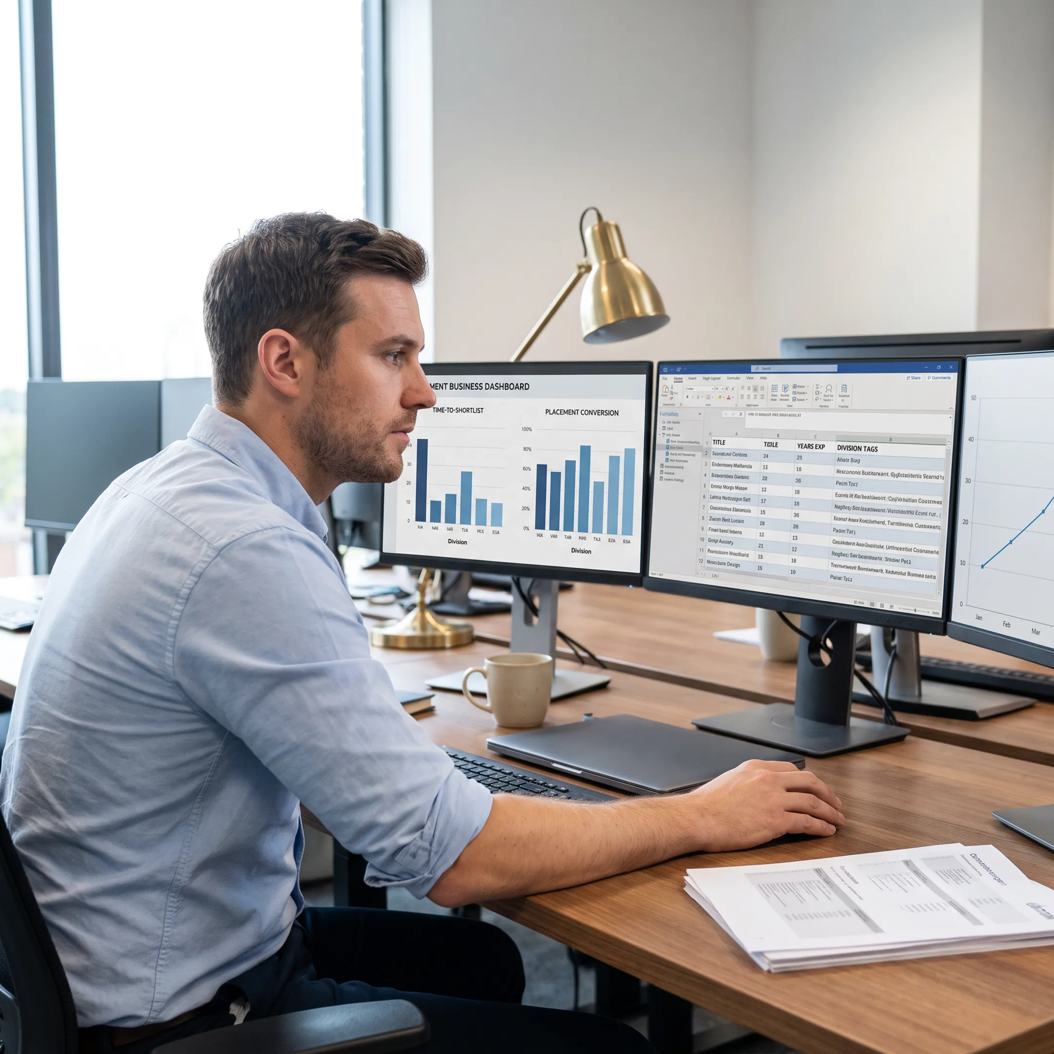Contract data analyst evaluating dashboards and data models on multiple monitors
