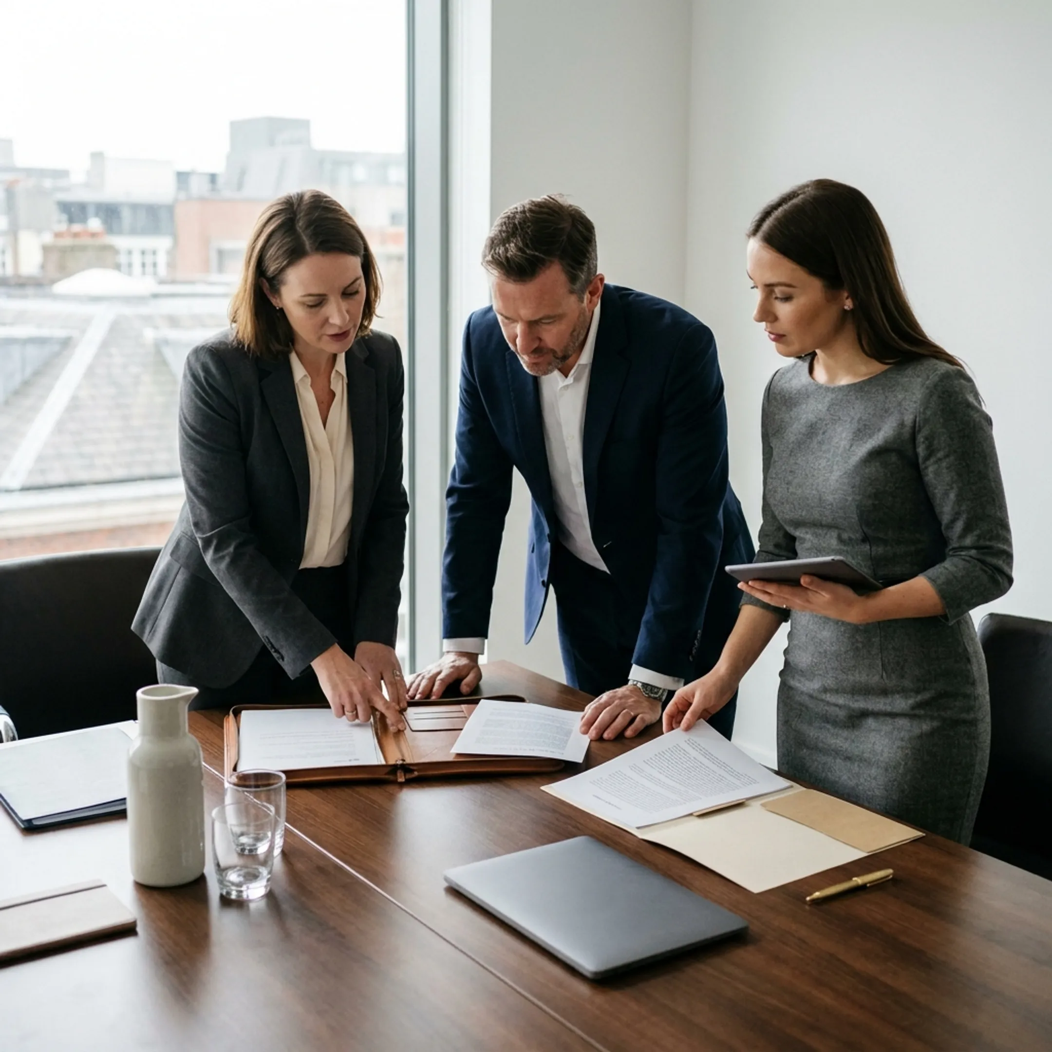 Legal recruitment specialists reviewing attorney portfolios and credentials