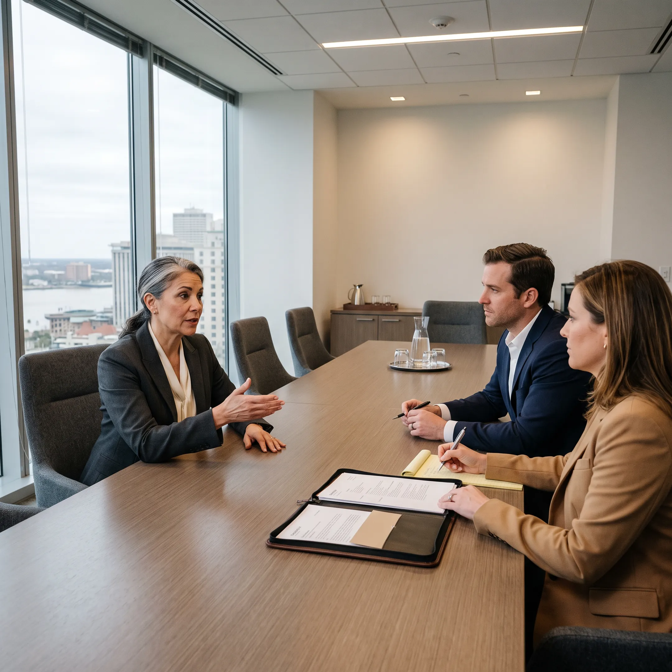 Executive legal recruiters conducting an attorney interview in a New Orleans corporate office