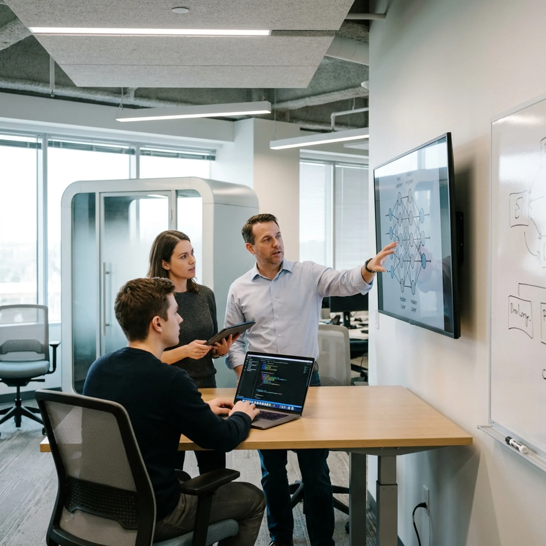 Data scientists and machine learning engineers collaborating on neural network architecture
