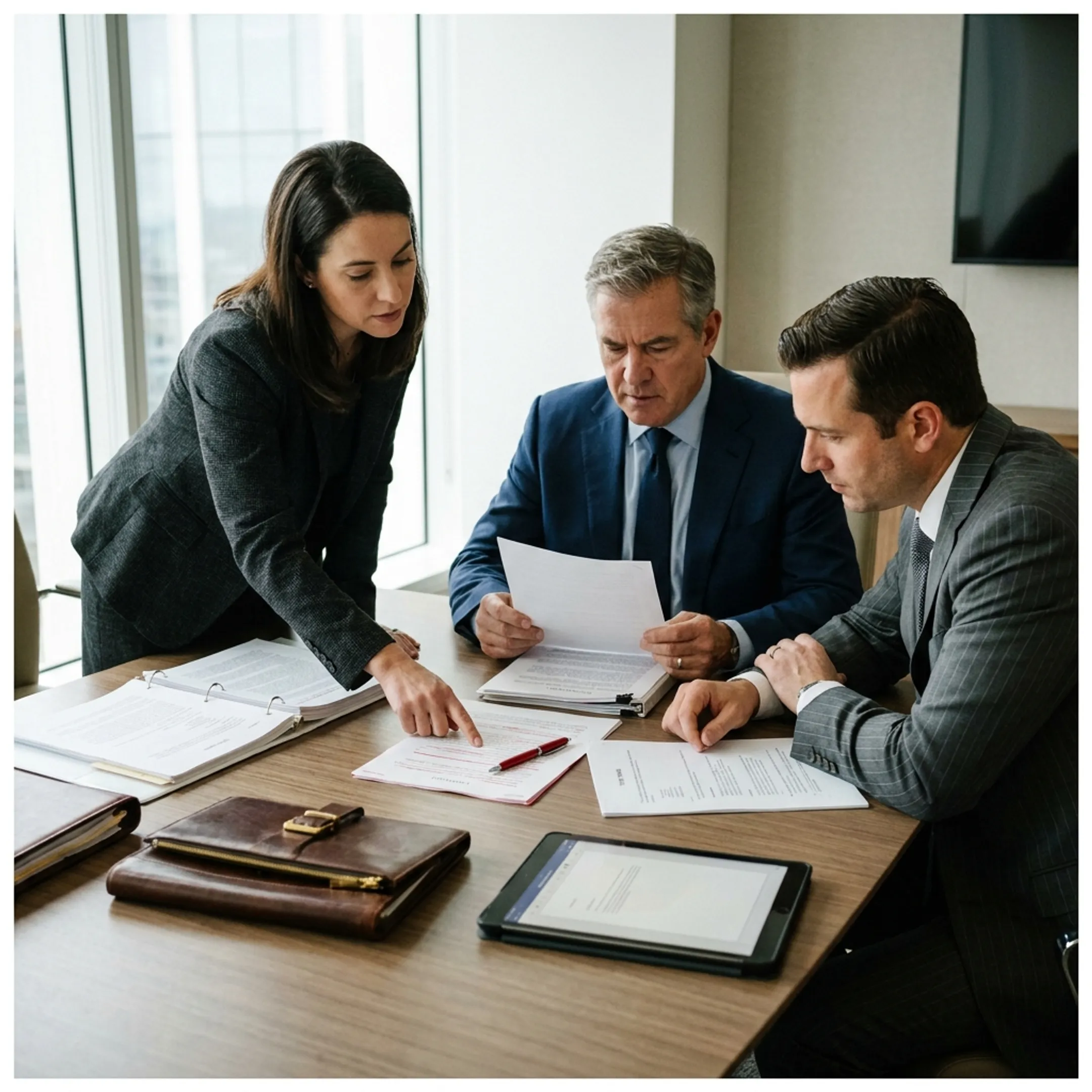 Mergers and acquisitions attorneys reviewing corporate transaction agreements