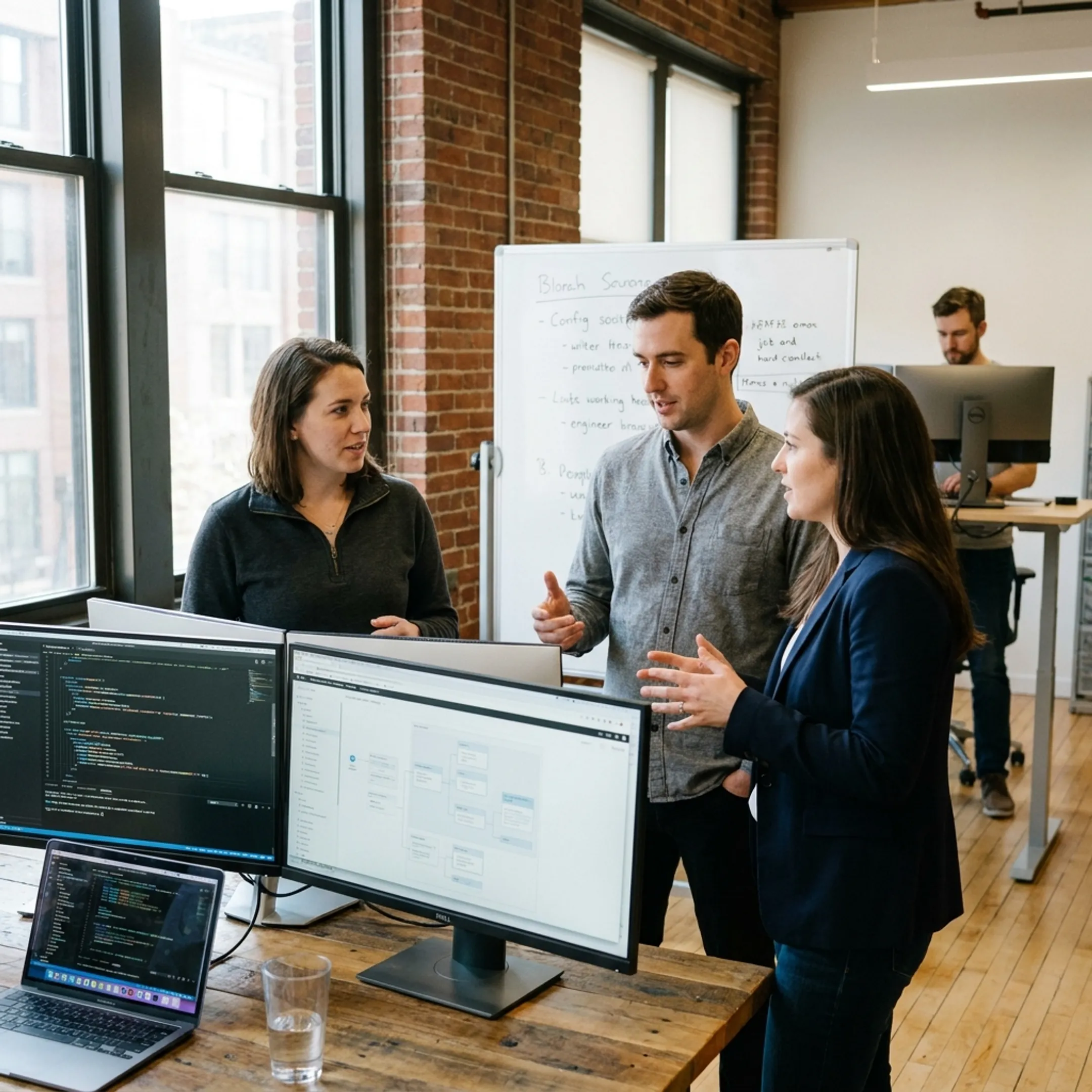 Software development team reviewing code architecture on screens during an engineering meeting